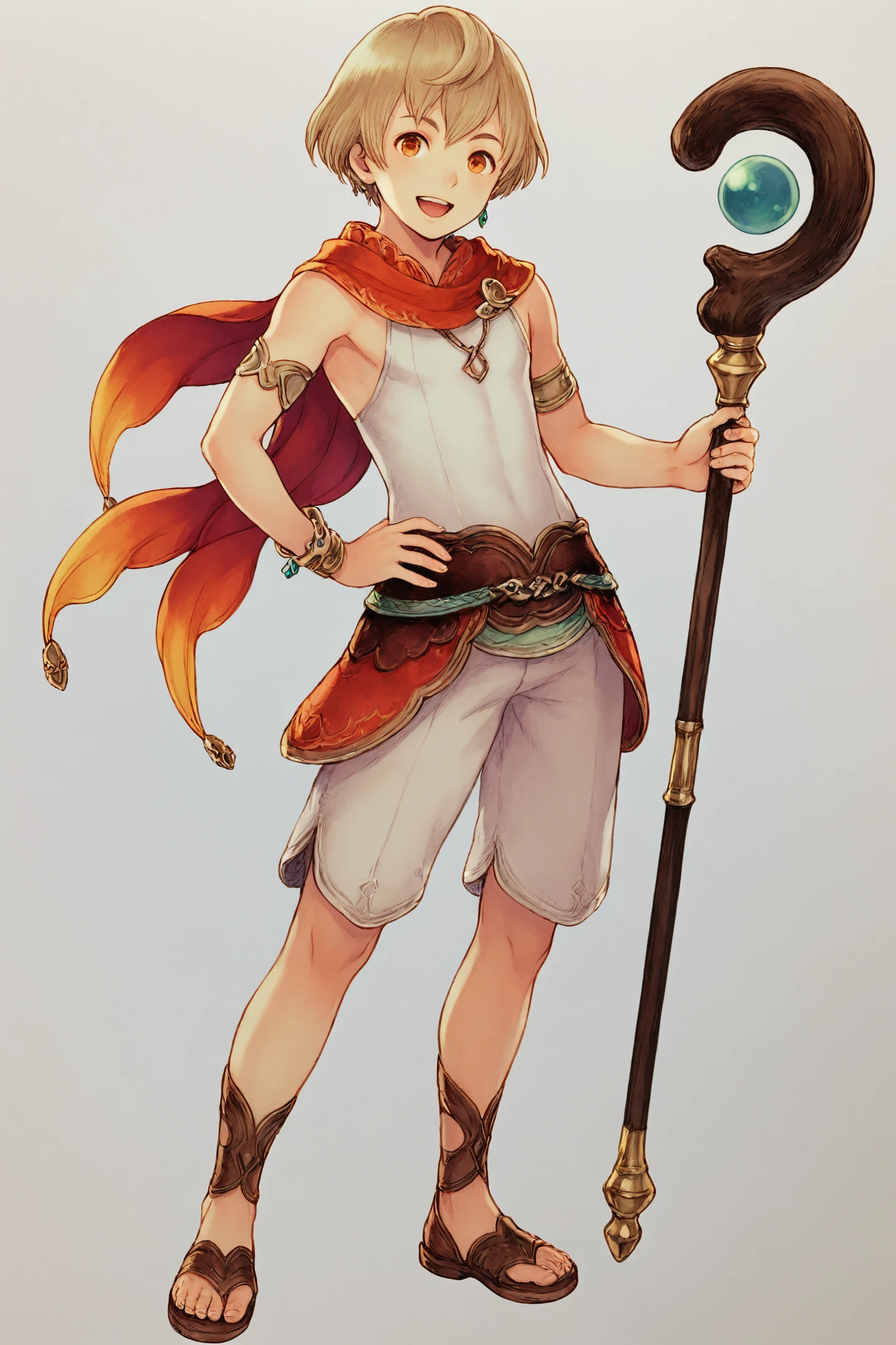 Plam,solo,jewelry,earrings,smile,full body,open mouth,sandals,shorts,white background,simple background,orange eyes,short hair,blonde hair,holding,male focus,1boy,hand on own hip,standing,looking at viewer,armlet,staff,
<lora:Mushihime sama_illustriousXL:0.8>,