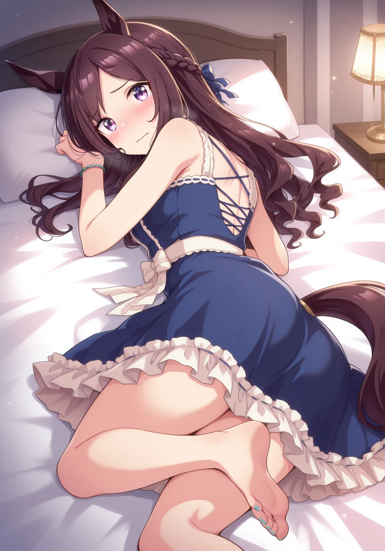umaofficial,1girl,solo,MDober,black hair,purple eyes,horse girl,long hair,medium breasts,
MDSaphir,blue sleeveless dress,bracelet,white waist bow,parted bangs,crown braid,aqua toenails,aqua nails,
from back,looking at viewer,blush,wavy mouth,presenting,on bed,
masterpiece,best quality,highres,amazing quality,<lora:MejiroDoberILV2-000001:1>,<lora:UmaOfficialILV1.0:0.7>,