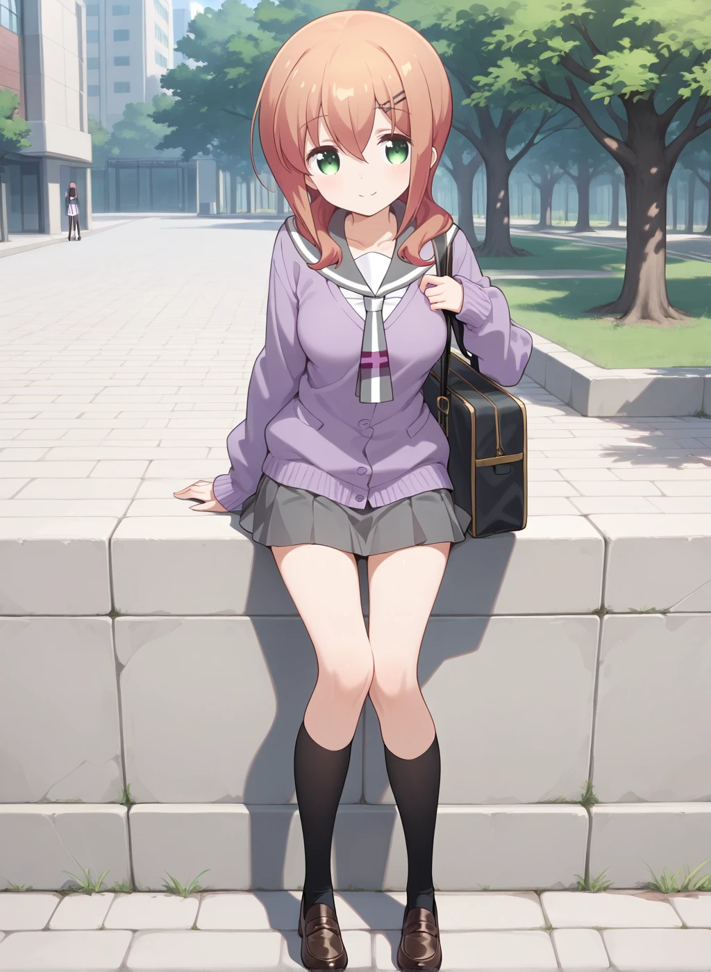 High quality,Ultra detailed,best quality,insanely detailed,beautiful,masterpiece,highres,absurdres,very aesthetic,very awa,sensitive BREAK
<lora:tokura_eiko_V1_IL:1>,(tokura eiko,slow start, brown hair, long hair, hair ornament, hairclip, bangs, green eyes, hair between eyes,medium breasts),(winter uniform,grey sailor collar,black kneehighs,pleated skirt,cardigan,serafuku,loafers),1girl,solo,smile,posing,solo focus,(school bag,outdoors),