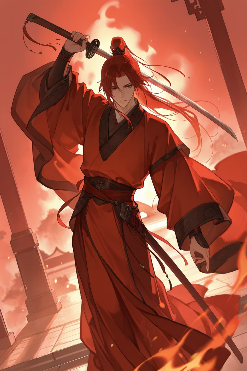 masterpiece, best quality, very aesthetic, newest, absurdres, highres,
<lora:YuYuHuadiaoIllustriousV1:1> yuyuhuadiao,
1boy, solo, long hair, long sleeves, holding, closed mouth, ponytail, weapon, male focus, red hair, sword, wide sleeves, holding weapon, holding sword, chinese clothes, katana, fire, robe, red theme, topknot, hanfu, dutch angle, dynamic pose,