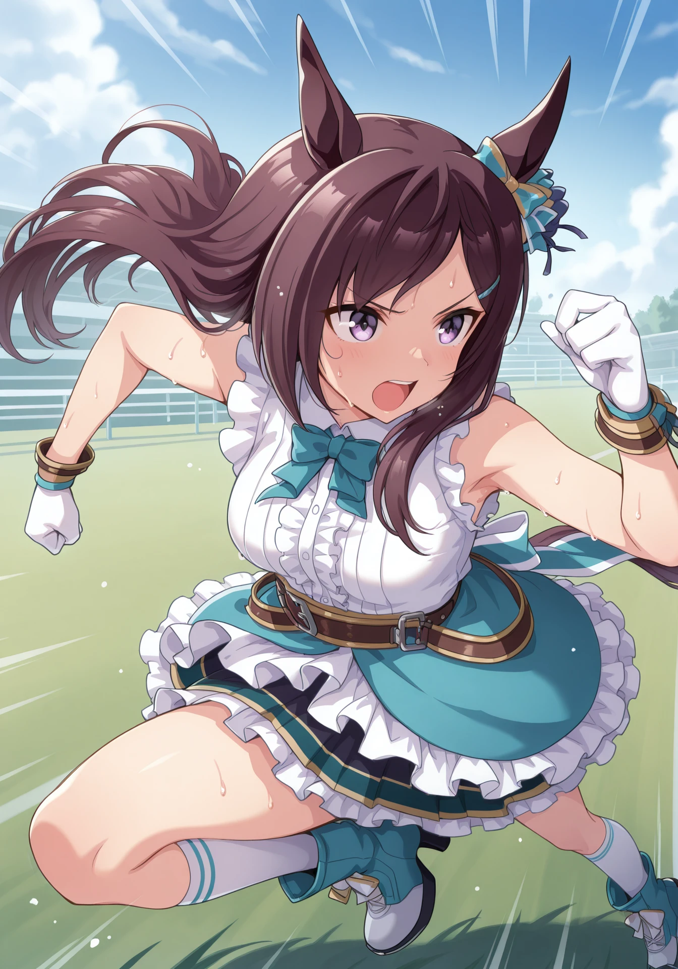 umaofficial,1girl,solo,MDober,black hair,purple eyes,horse girl,long hair,medium breasts,
MDLine,white sleeveless shirt,multicolored layered skirt,frilled skirt,single thigh strap,green ear ornament,green hair clip,green bowtie,green back bow,white gloves,belt,white knee highs,high heel boots,parted bangs,
dynamic pose,running,grass,sweat,open mouth,motion lines,
masterpiece,best quality,highres,amazing quality,<lora:MejiroDoberILV2-000001:1>,<lora:UmaOfficialILV1.0:0.7>,
