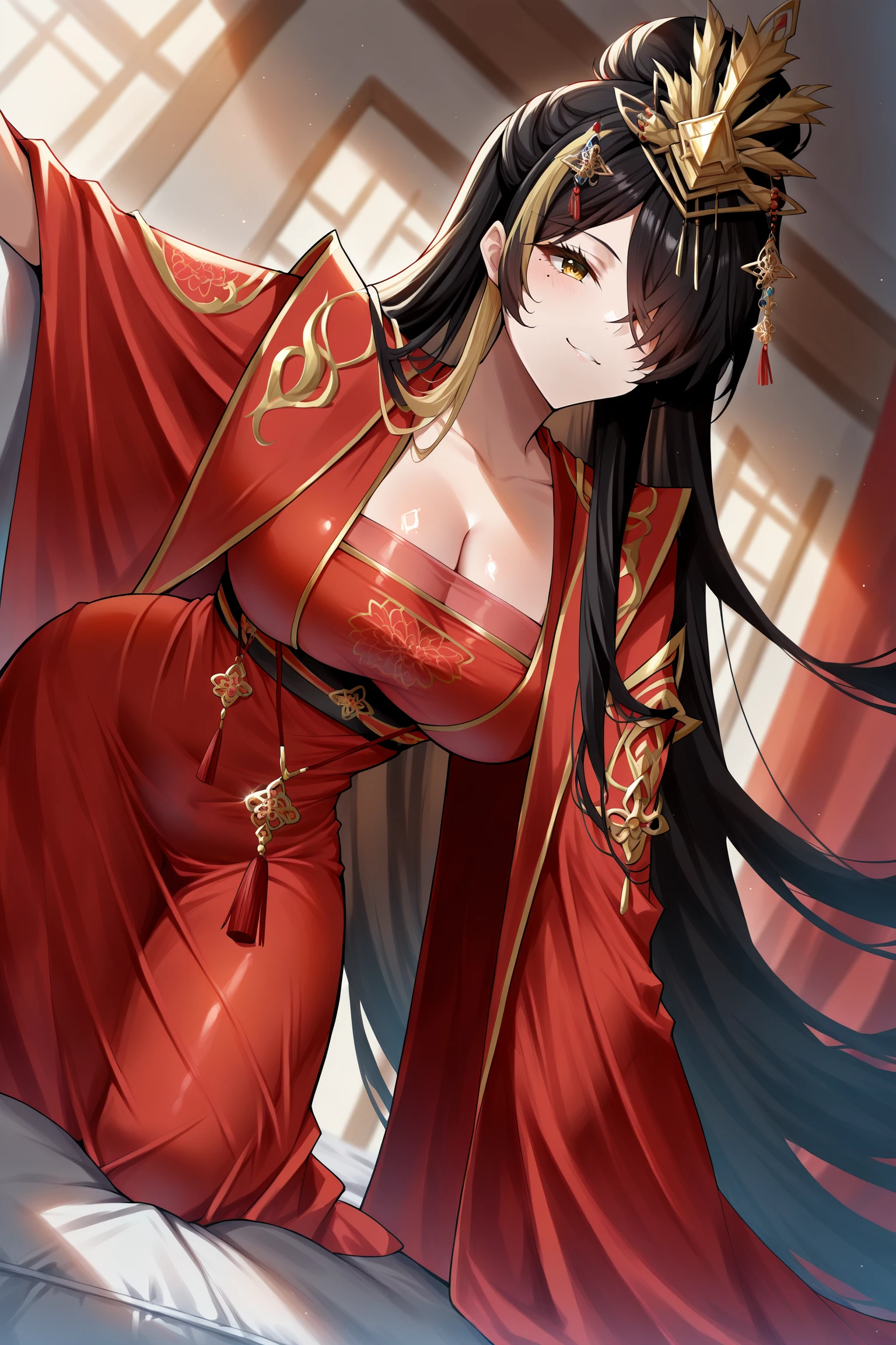 masterpiece, best quality, anime, 2d, 1girl, yellow eyes, two-tone hair, mole under eye, absurdly long hair, hair tie behind, hair intake, hair gold ornaments, gold trim, red chinese clothes, long dress, underbust, red tassel, red wide sleeves, red footwear,  <lora:HarbinILSTCAMEq4v1 AL:1>, abstract, absurdres, incredibly absurdres, establish, facing viewer, indoors, mansion, on sofa, from below, all fours, dutch angle, shiny skin, smile