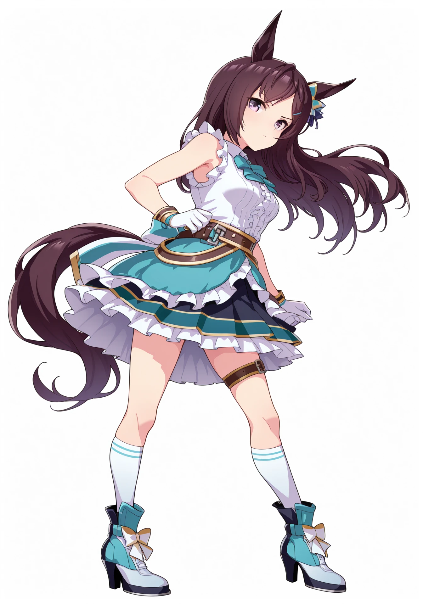 white background,transparent background,umaofficial,1girl,solo,MDober,black hair,purple eyes,horse girl,long hair,medium breasts,
MDLine,white sleeveless shirt,multicolored layered skirt,frilled skirt,single thigh strap,green ear ornament,green hair clip,green bowtie,green back bow,white gloves,belt,white knee highs,high heel boots,parted bangs,
standing,looking at viewer,
masterpiece,best quality,highres,amazing quality,<lora:MejiroDoberILV2-000001:1>,<lora:UmaOfficialILV1.0:0.7>,