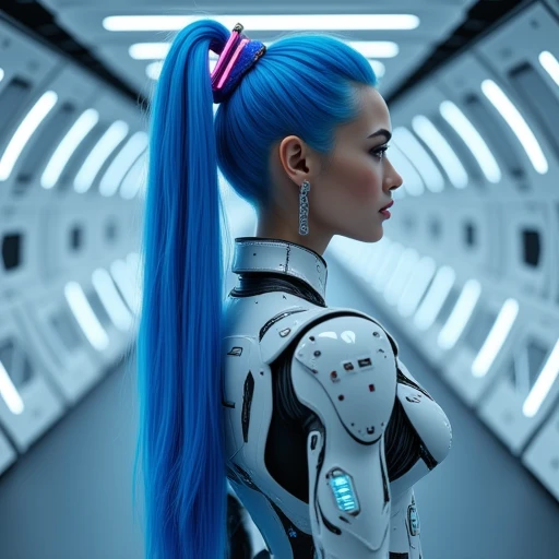 A medium shot of a Beautiful futuristic female with long blue detailed unique hairstyle with hair glowing futuristic accessories, shes wearing a detailed cybernec form fitting suit made of a blend of futuristic materials , small futuristic digital screens displaying glowing data are embeded in different armor parts, shes standing in a detailed futuristic hallway made of crytal rounded architecture, photorealistic render