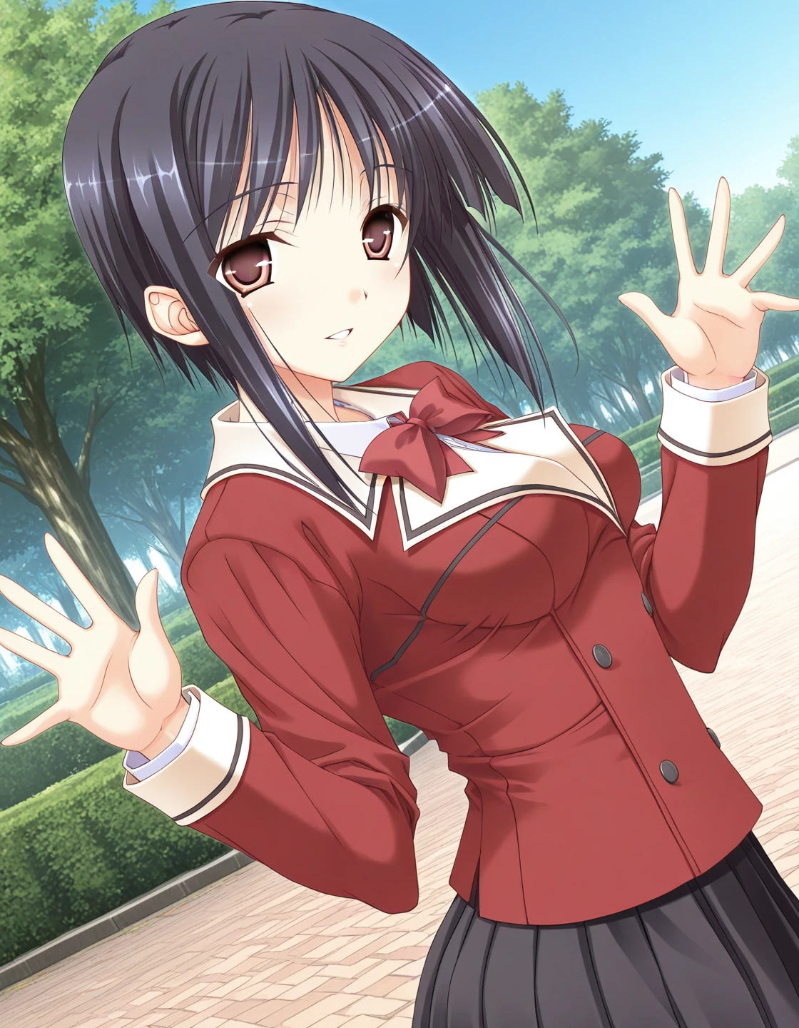 1girl, solo, fujikura yuu, black hair, short hair, brown eyes, smile, parted lips, tareme, medium breasts, school uniform, red blazer, bowtie, pleated skirt, black skirt, waving, twisted torso, dutch angle, park, outdoors, blue sky, detailed background, (photo background:0.3) <lora:fujikura_yuu_ilxl_v1:0.8>