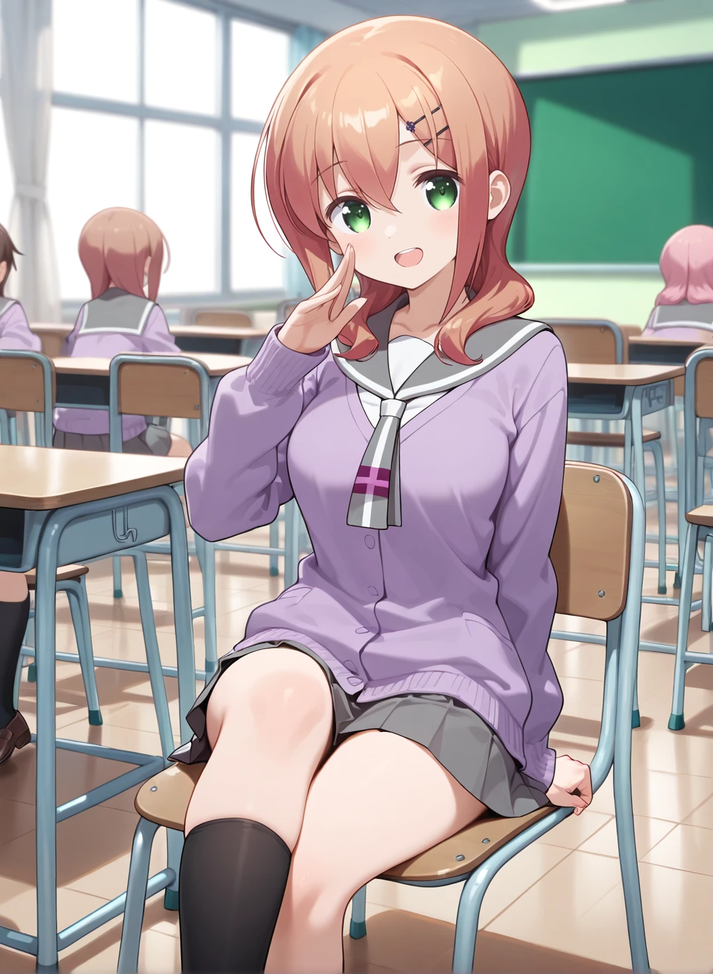 High quality,Ultra detailed,best quality,insanely detailed,beautiful,masterpiece,highres,absurdres,very aesthetic,very awa,sensitive BREAK
<lora:tokura_eiko_V1_IL:1>,(tokura eiko,slow start, brown hair, long hair, hair ornament, hairclip, bangs, green eyes, hair between eyes,medium breasts),(winter uniform,grey sailor collar,black kneehighs,pleated skirt,cardigan,serafuku,loafers),1girl,solo,laughing,posing,solo focus,(school,classroom,indoors,sitting on chair,looking at viewer),