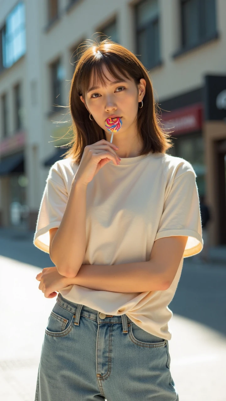 A young female model stands on a bright urban street corner, gazing at the camera with a puzzled yet slightly curious expression. She has a colorful lollipop tilted in her mouth, with the round candy protruding slightly from the right corner of her lips, adding a hint of playfulness and casual charm to her demeanor.
She wears a loose, solid-colored casual short-sleeve T-shirt made of lightweight and comfortable fabric, presenting a soft, wrinkled texture that exudes a relaxed summer vibe. Her bottom is a pair of high-waisted casual shorts with moderately loose legs, perfectly showcasing her slender legs. On her feet are a pair of stylish white sneakers with a clean and neat upper that complements the overall look.
Her arms are crossed over her chest, with one elbow resting lightly on her forearm, striking a posture that seems both defensive and slightly curious. Her brows are slightly furrowed, and her gaze is filled with puzzlement, as if pondering an intractable problem or feeling bewildered by what she sees. Her hair hangs loosely over her shoulders, swaying gently in the breeze.
The background is a blurred urban streetscape, with sunlight streaming through the gaps between buildings, creating warm patches of light around her. This light-and-shadow effect forms an interesting contrast with her puzzled expression, making the whole scene both everyday and subtly embodying the effortless beauty of a fashion magazine.
This scene captures a moment that is both ordinary and full of individuality, with the model's perplexed expression and casual posture forming an engaging visual focal point.
