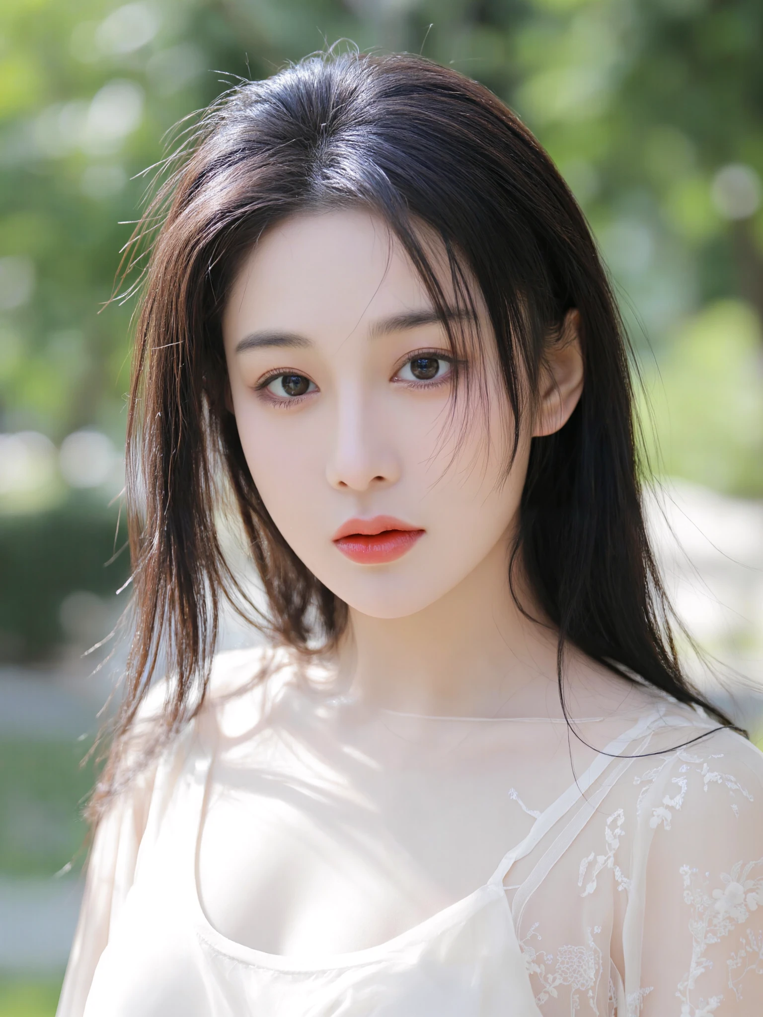 This photograph captures a young Asian woman with long, straight, black hair and fair skin, set against a softly blurred, sunlit park background. She gazes directly at the camera with a serene expression, her makeup minimal and natural. The image employs the rule of thirds, with her face positioned off-center, creating a balanced composition. The lighting is soft and diffused, highlighting her delicate features and casting gentle shadows. The background is out of focus, emphasizing her as the subject. She wears a sheer, white top that subtly reveals her collarbone. The overall feel is tranquil and intimate, with a focus on natural beauty.