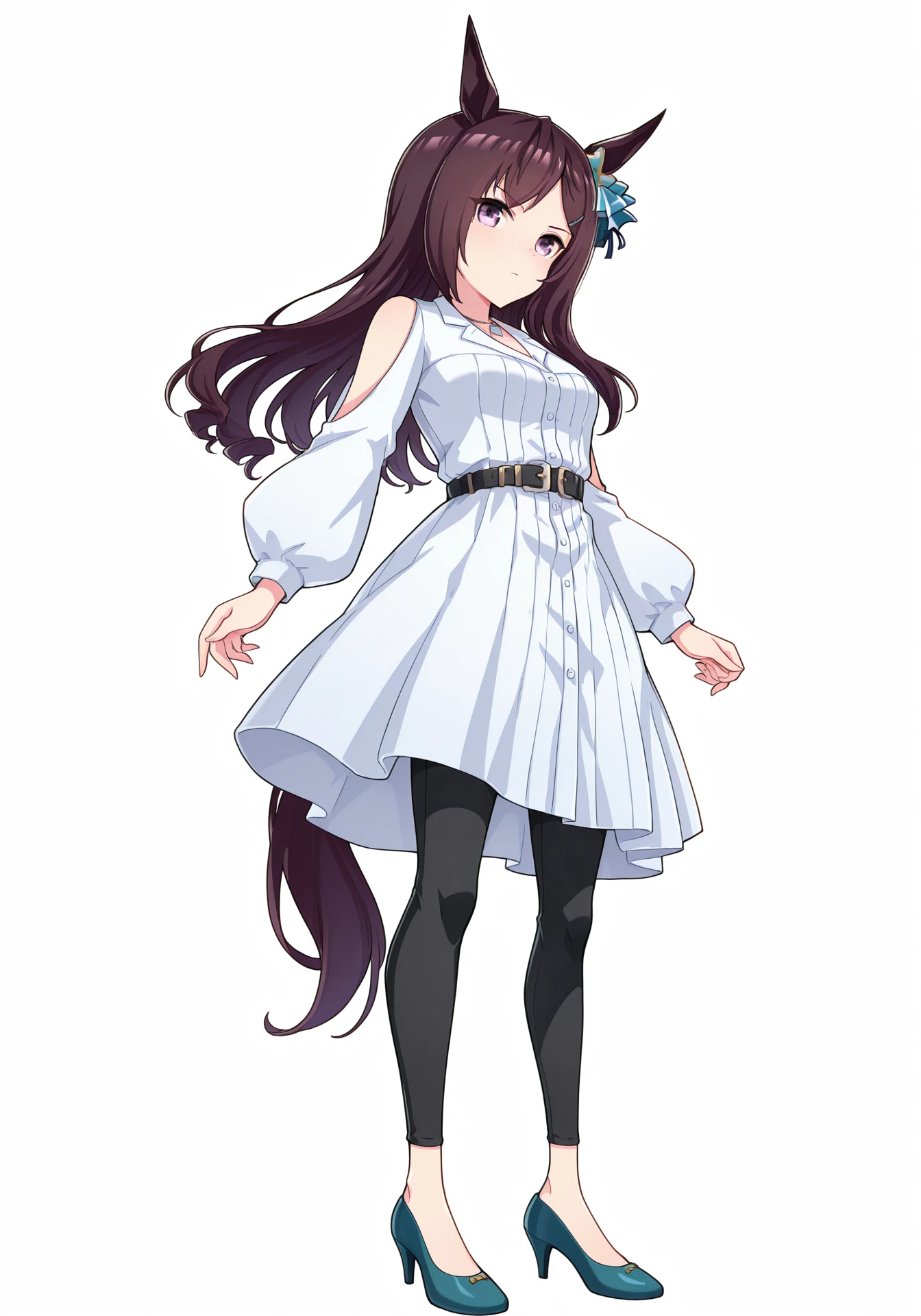 white background,transparent background,umaofficial,1girl,solo,MDober,black hair,purple eyes,horse girl,long hair,medium breasts,
MDcasual,white dress,shoulder cutout,black leggings,white necklace,black belt,cyan pumps,green ear ornament,green hair clip,parted bangs,
standing,looking at viewer,full body,
masterpiece,best quality,highres,amazing quality,<lora:MejiroDoberILV2-000001:1>,<lora:UmaOfficialILV1.0:0.7>,