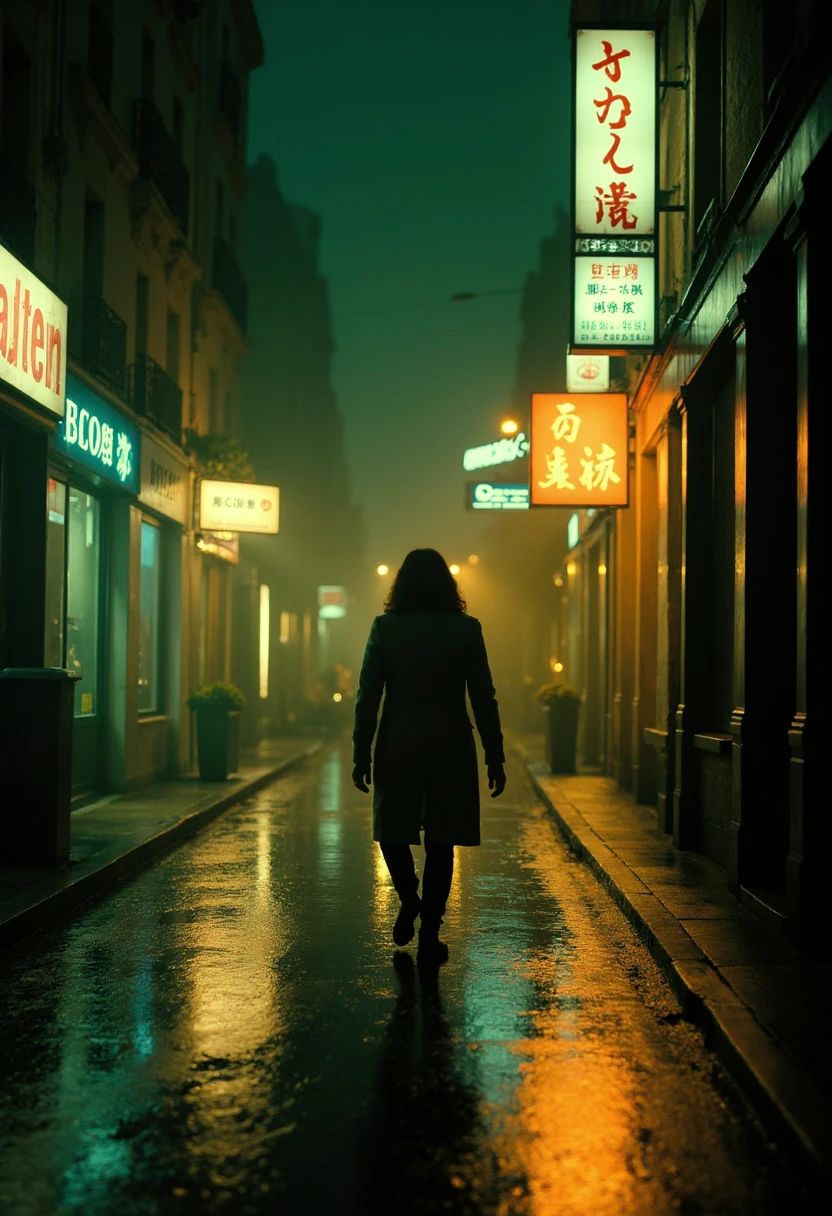 cinematic_octane "A lone figure walking through a rain-slicked city street at night, neon signs casting warm golden reflections on the pavement, soft greenish-blue shadows in the distance, lush saturated hues with subtle halation around the lights, a dreamy cinematic atmosphere with gentle grain, evoking a nostalgic urban fantasy."