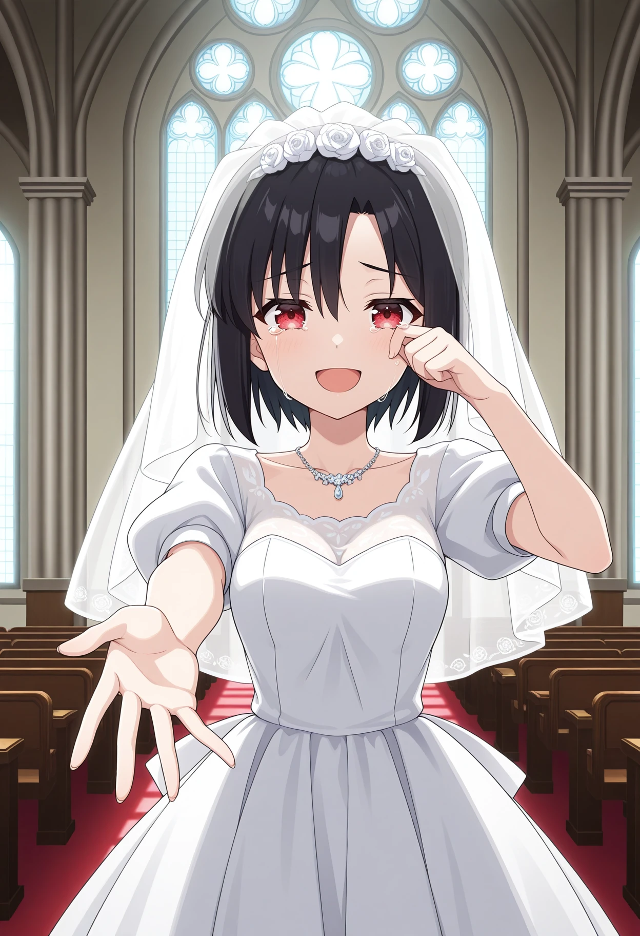 1girl, solo, black hair, short hair, red eyes,:d, looking at viewer, anime screencap,
white dress, bridal veil, wiping tears, tears of joy, happy, open mouth, church, indoors, wedding dress, short sleeves, puffy sleeves, collarbone, looking at the viewer, outstretched hand, white theme, flowers, white jewelry, necklace,cowboy shot,,
,masterpiece,best quality,amazing quality,
<lora:iwashita_shima_meipaws:.9>