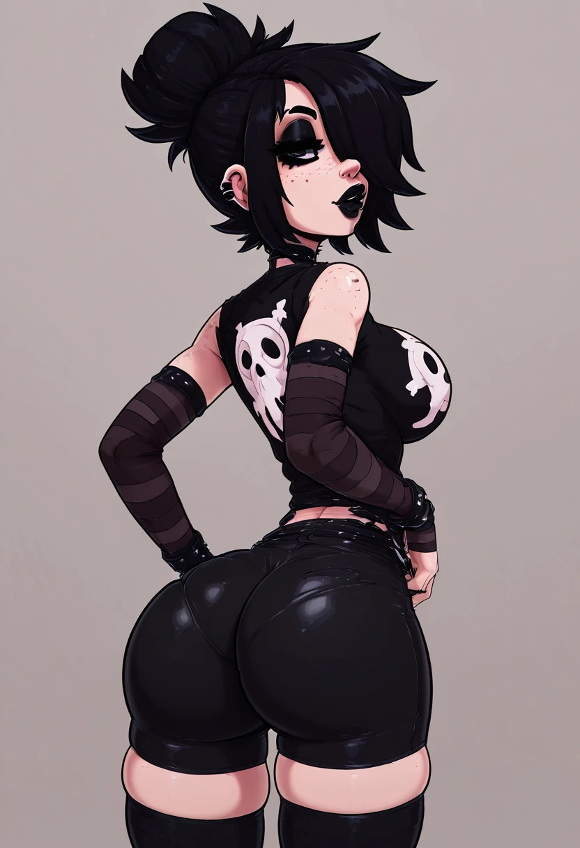 masterpiece, best quality, 1girl, solo, 1girl, solo, breasts, looking at viewer, simple background, shirt, black hair, thighhighs, jewelry, medium breasts, ponytail, ass, sidelocks, cowboy shot, earrings, shorts, choker, looking back, black thighhighs, medium hair, grey background, from behind, hair over one eye, black eyes, lips, black shirt, skindentation, makeup, black choker, black shorts, piercing, tank top, cross, lipstick, ear piercing, eyeshadow, freckles, shiny clothes, gothic, black lips, skull print ,<lora:ElfFio_NAI_v2:1.0>,