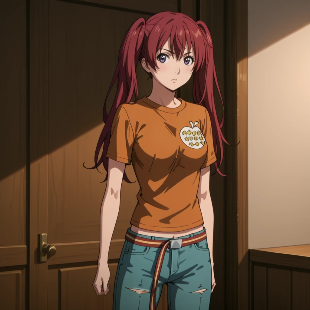 <lora:RingoOVA_illustrious_v1:1>RingoOVA, 1girl, twintails, long hair, t-shirt, red hair, pants, cowboy shot