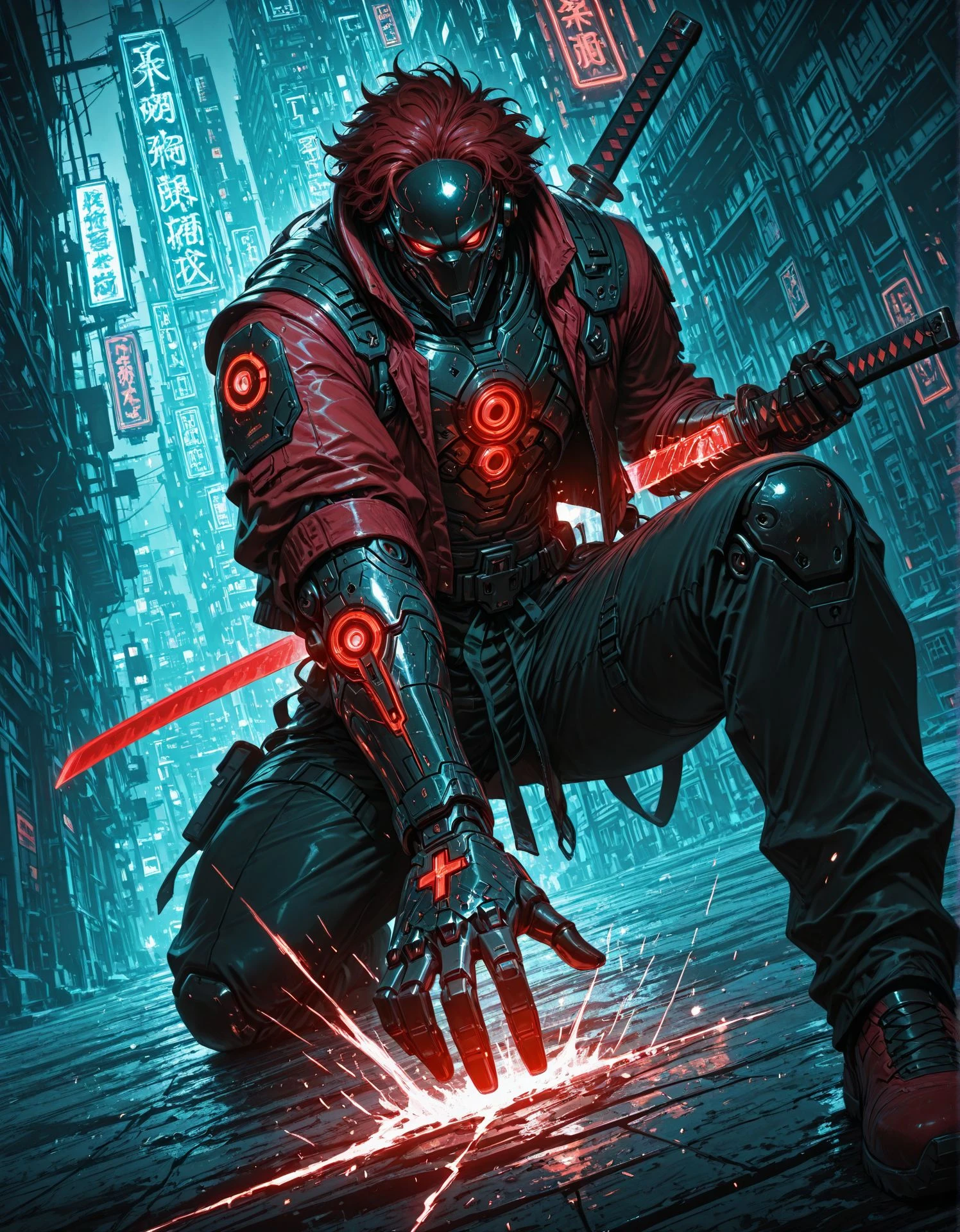 masterpiece, best quality,high quality, newest, highres,8K,HDR,absurdres, 1boy, solo, cyberpunk, short messy hair, glowing red eyes, katana, cybernetic arms, black and red jacket, exposed mechanical joints, battle scars, neon lights, high-tech cityscape, rainy night, sci-fi armor, glowing circuits, combat stance, detailed background, depth of field, power pose, cybernetic enhancements, futuristic samurai, foreshortening, limited palette, dynamic pose, abstract composition, dramatic lighting, cinematic shot, energy sparks., detailed background, dynamic pose, dynamic composition,dutch angle, detailed backgroud,foreshortening,blurry edges <lora:iLLMythG0thicL1nes:1> G0thicL1nes