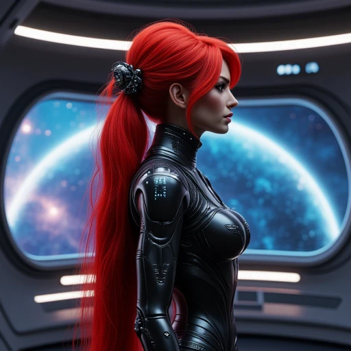 A medium shot of a Beautiful futuristic female with long red detailed unique hairstyle with hair glowing futuristic accessories, shes wearing a detailed cybernec form fitting suit made of a blend of futuristic materials , small futuristic digital screens displaying glowing data are embeded in different armor parts, shes standing in a detailed futuristic spaceship room with rounded architecture with rounded windows showing a magnificent galactic sky, photorealistic render