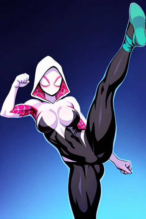 masterpiece, High quality, Ultra detailed, 2d, newest, absurdres, highres, BREAK
1girl, solo, superhero, <lora:Spider_Gwen:0.8>, ghost_spider_(spider-verse), hood, mask, hood up,
large breasts, GwenDef, bodysuit, hooded bodysuit, spider web print, skin tight, ballet slippers,
high kick, flying kick,