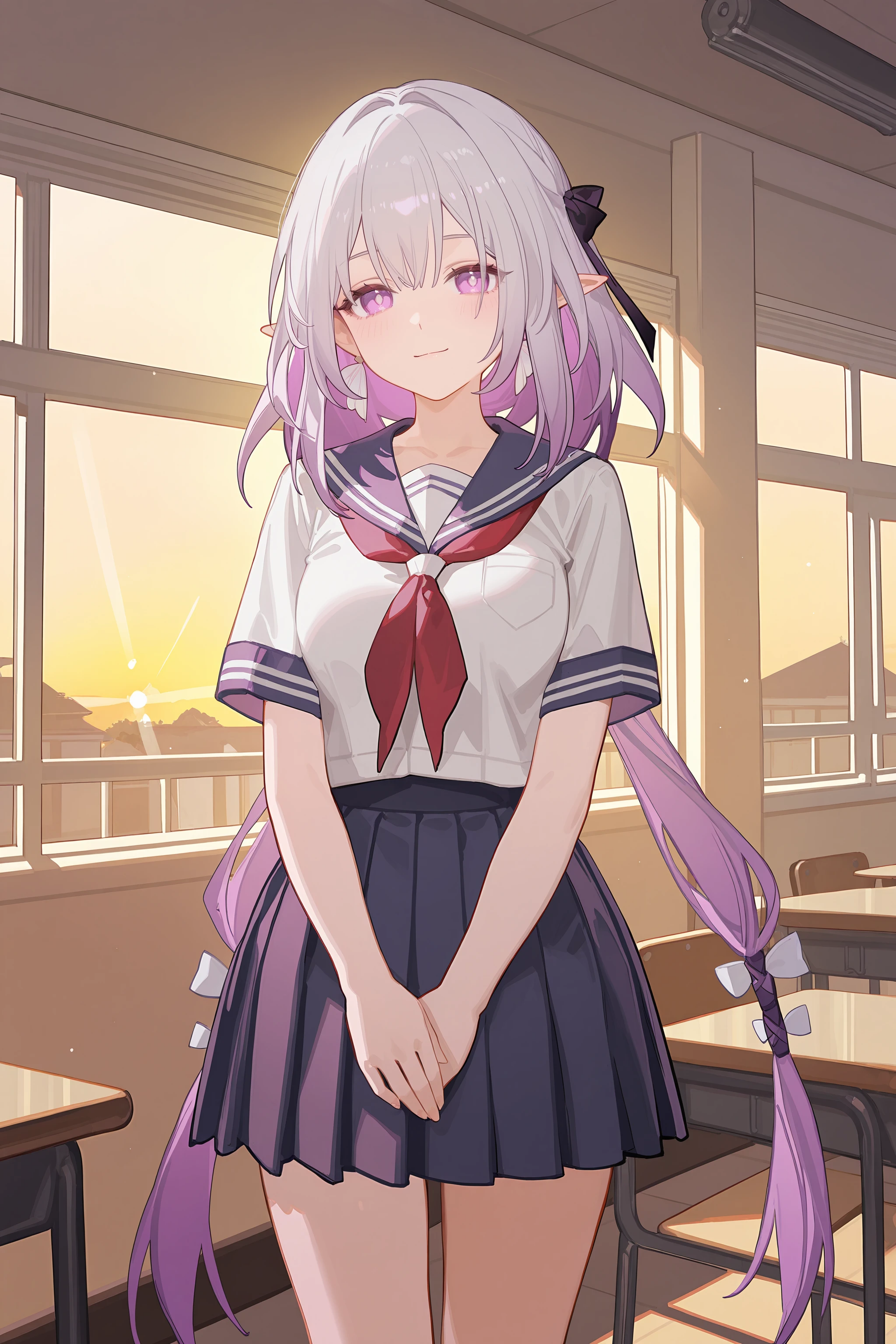 1girl, solo, castorice \(honkai: star rail\), solo, school uniform, serafuku, cowboy shot, sunbeam, sunset, classroom, indoors, window, light smile, blush, looking at viewer, facing viewer <lora:Char-HonkaiSR-Castorice-V1-IL:0.9:hr=0.6>, ciloranko, alphonse \(white datura\), ask \(askzy\), gomzi, you shimizu
masterpiece, best quality, amazing quality, very aesthetic, absurdres, newest, (scenery, volumetric lighting)