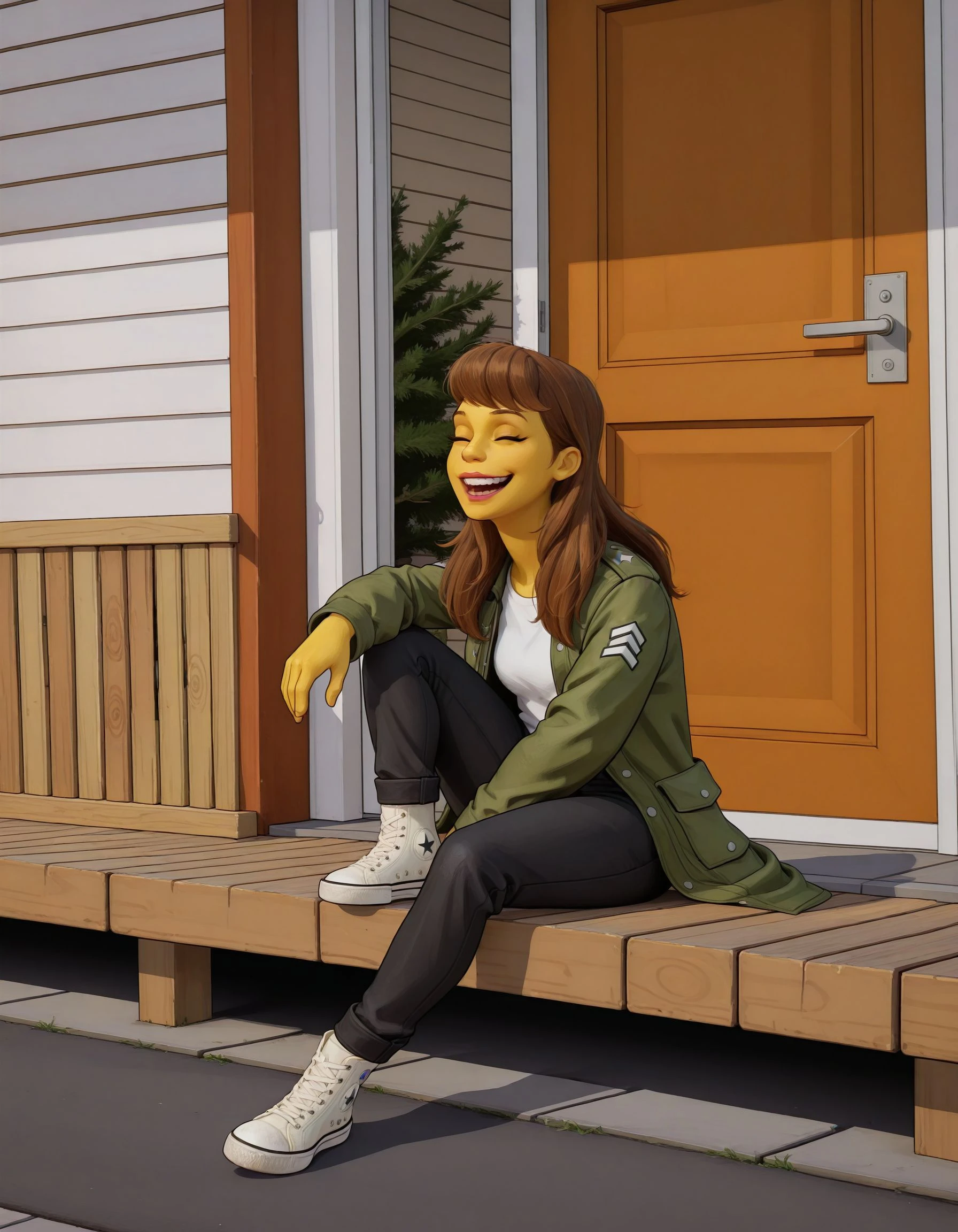front porch, door step, suburbs, house, sidewalk, large oak tree out of frame, wooden picket fence, girl sitting with knee up, laughing, teeth,
best quality, highres, score_9, score_8_up, score_7_up, score_6_up, <lora:AMarvelRivals_style:1> MarvelRivals,, || semi realistic, cartoon,,
<lora:Laura_Powers_-_The_Simpsons_-_Character:1> laurapowers_simpsons, 1girl, solo, yellow skin, brown hair, long hair, white t-shirt, black pants, white converse, military jacket, chevron (symbol)