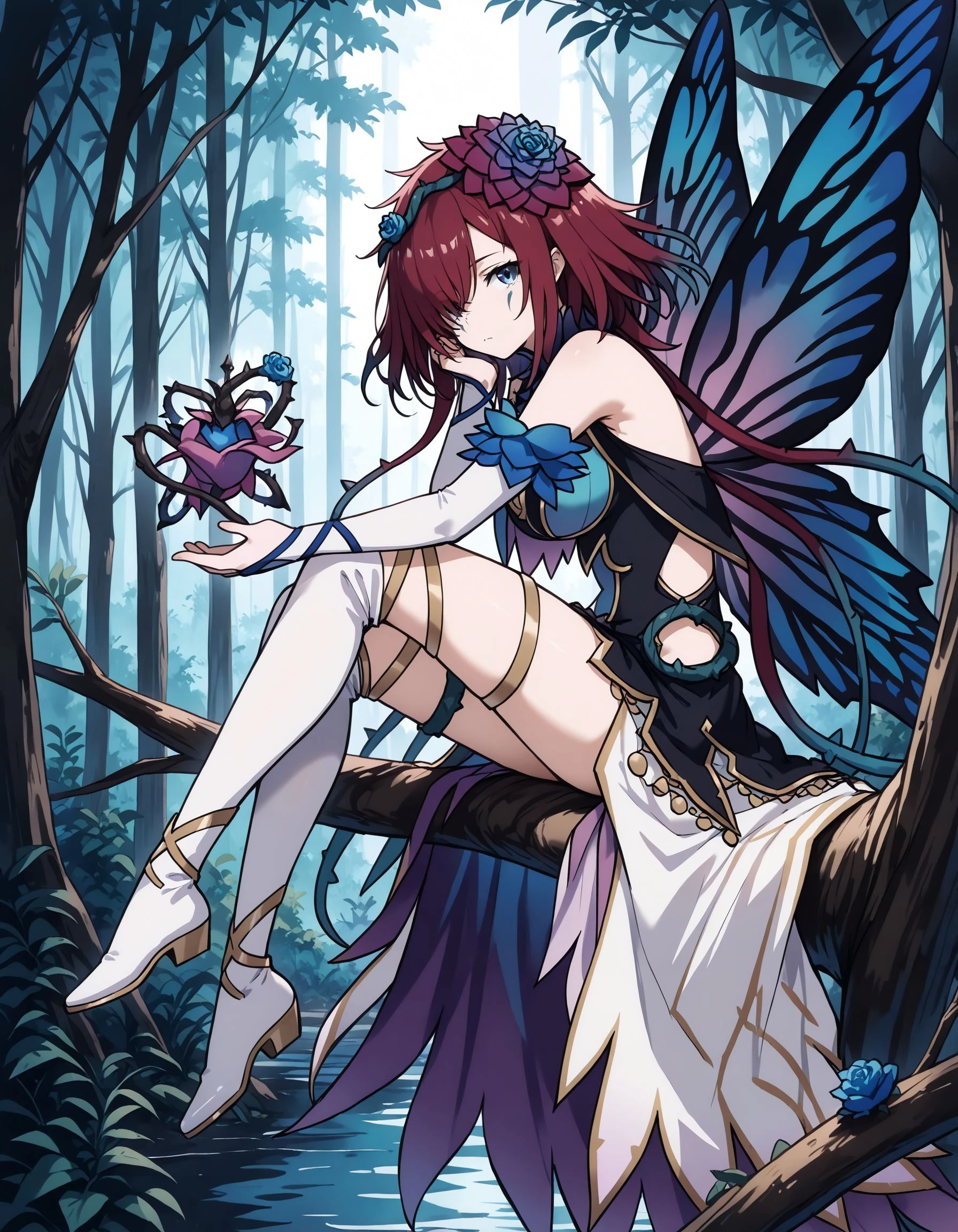 masterpiece,best_quality,1girl,solo,<lora:triandra feh 3outfits_illustriousXL:0.8>,attuned triandra,blue hair flower,butterfly wings,white bridal gauntlets,blue dress,thigh strap,thigh boots,full body,sitting,on branch,expressionless,looking at viewer,from side,floating