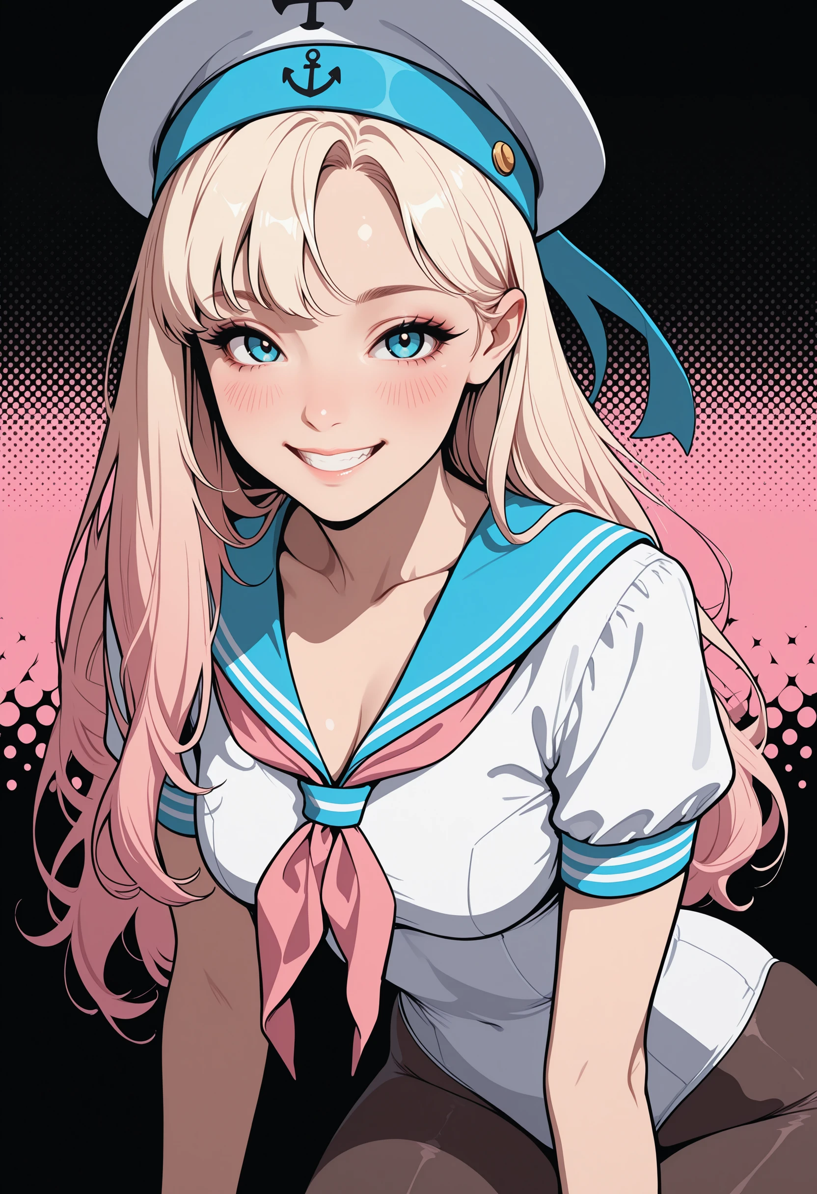 masterpiece, high_quality, highres, flat_colors, gradient, 
woman, sailor_hat, sailor_outfit, opaque_tights, joy, grin, eyelashes, blush, black_background, halftone_background, sea