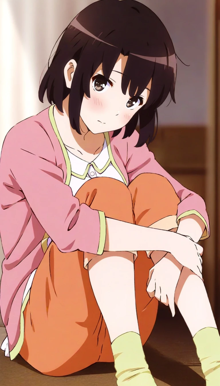masterpiece,best quality,amazing quality,
<lora:megumikatoIL:1>,m3gum1kat0,
1girl,solo,black hair,bangs,short hair,brown eyes,pink cardigan with yellow trim,white loose blouse,rolled up pink capri pants,green boat socks,
looking t viewer,sitting,hugging legs,blush,
white background,
soft lighting,depth of field,
