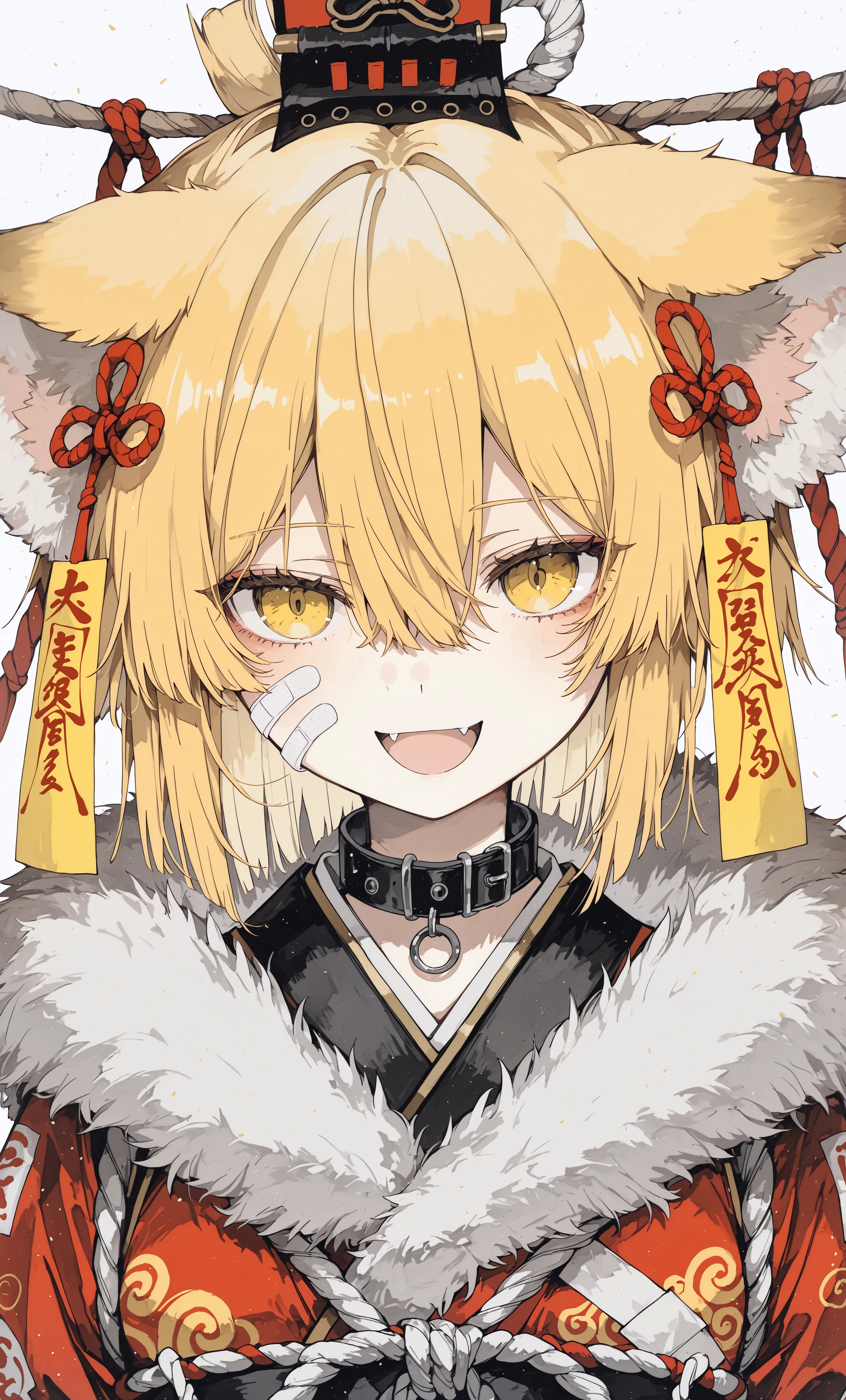 masterpiece, best quality,high quality, newest, highres,absurdres, traditional media, SuitablegreenStyle, solo, 1girl, yellow eyes, animal ears, blonde hair, ofuda, looking at viewer, open mouth, fur trim, smile, bandaid, rope, collar, upper body, hair ornament, short hair, hair between eyes, bangs <lora:SuitablegreenStyle_IL:1>