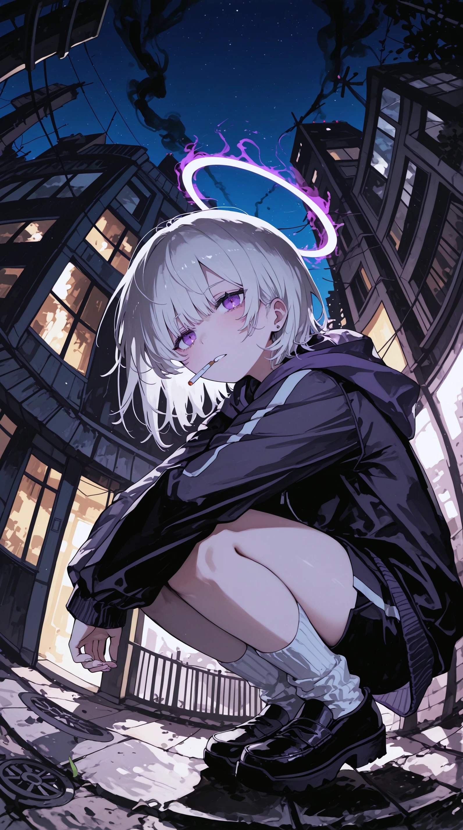 masterpiece, best quality,high quality, newest, highres,absurdres, traditional media, fisheye, SuitablegreenStyle, 1girl, squatting, halo, glowing, white hair, cigarette in mouth, smoke, solo, socks, outdoors, short hair, bangs, jacket, building, long sleeves, night, parted lips, hood down, purple eyes, hood, white socks <lora:SuitablegreenStyle_IL:1>