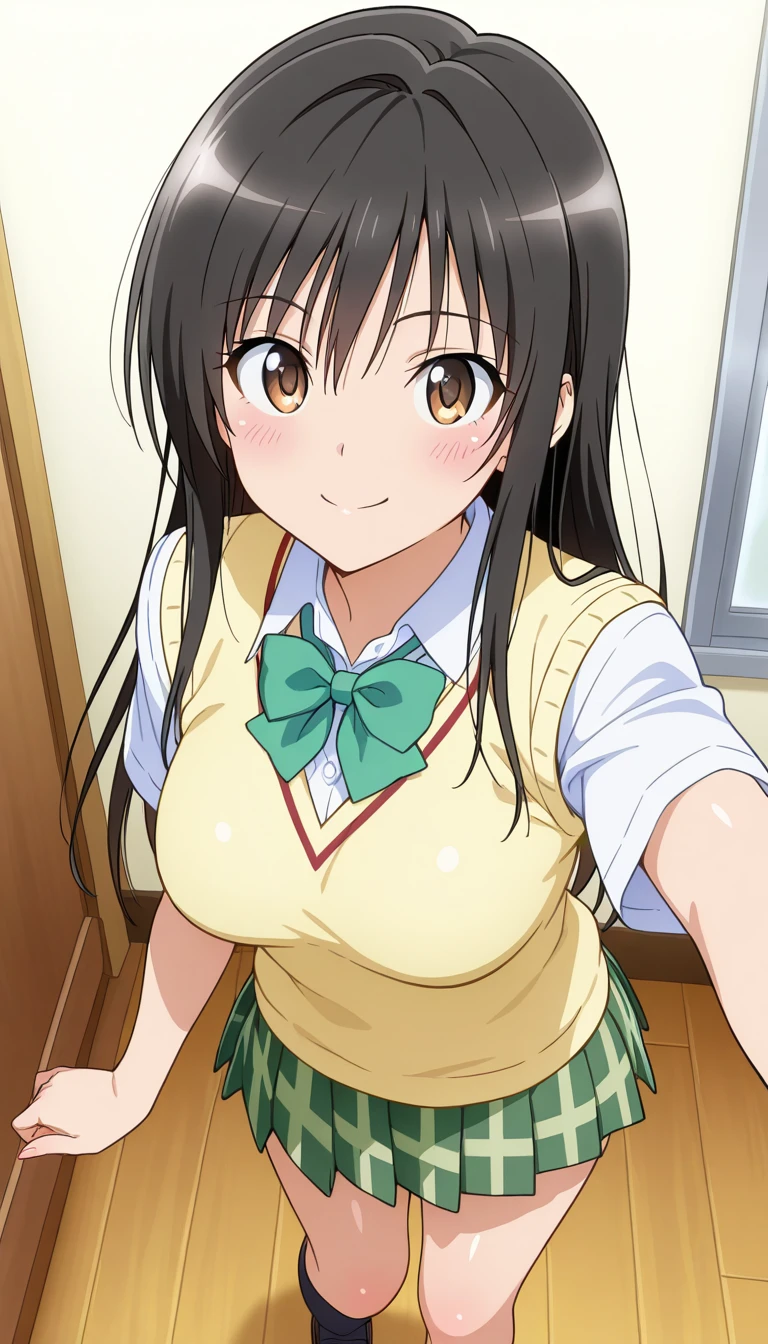 (masterpiece),best quality,amazing quality,very aesthetic,absurdres,newest,perfect body,shiny skin,perfect eyes,detail1eye,well-defined fingers,well-defined fingernails,anime style,indoors,1girl,solo,upper body,(portrait:1.5),looking at viewer,facing viewer,smile,blush,Kotegawa Yui,long hair,black hair,sidelocks,hair between eyes,bangs,brown eyes,school uniform,sweater vest,yellow vest,white shirt,collared shirt,green bowtie,short sleeves,medium breasts,miniskirt,green skirt,plaid skirt,pleated skirt,black socks,loafers,<lora:Kotegawa Yui(tlr)-Illus:2>,