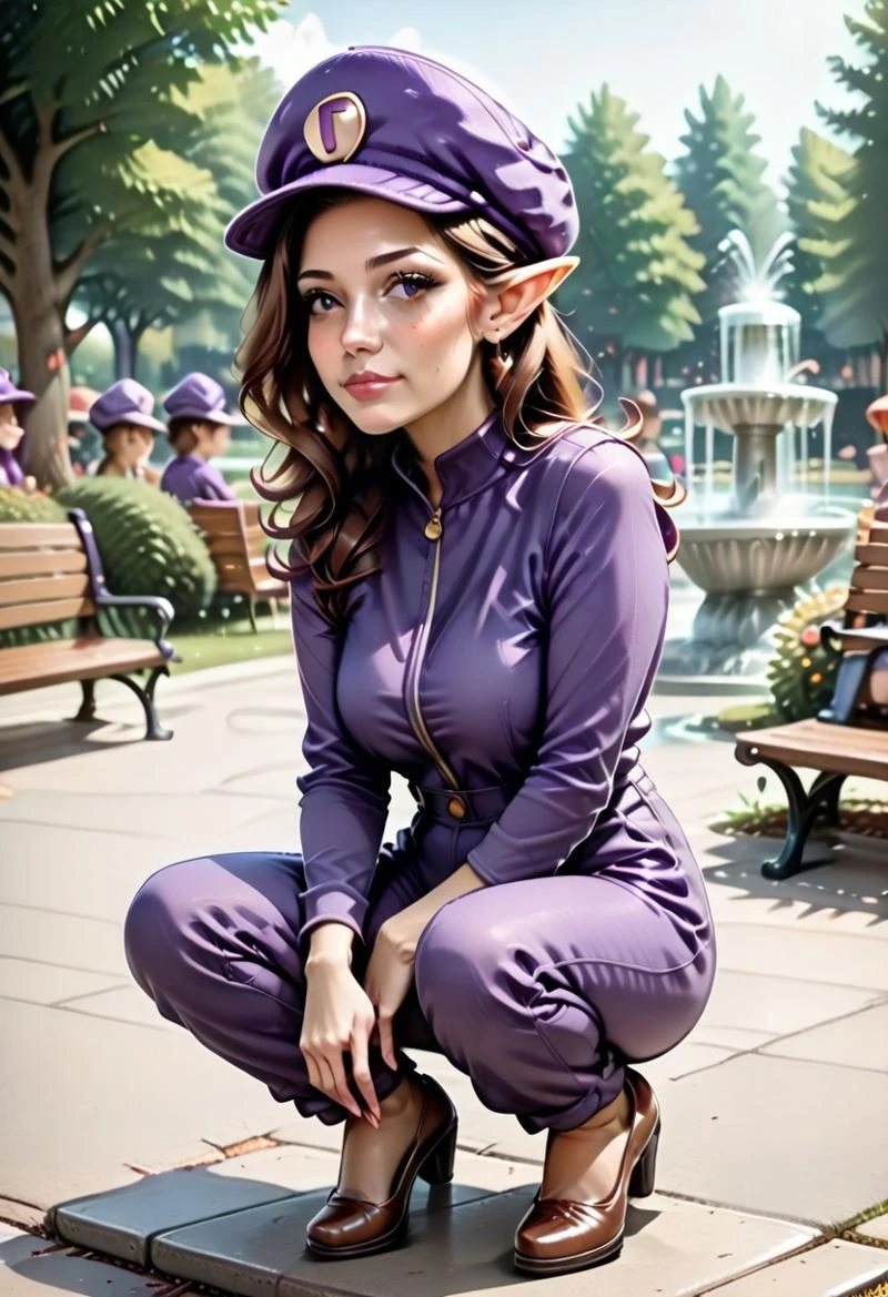 {1woman, solo:3.0, ((adult:3.0)), mature female, full body, Waluette, no mustache:2.0, pointy ears, face framing bangs, brown hair, tiny bust:2.0, slim figure, lanky figure, purple shirt, coveralls, brown shoes, purple hat, hat, sitting on a bench, }
in a park, bench in a park, fountain in background,
4kFacePonyXL,