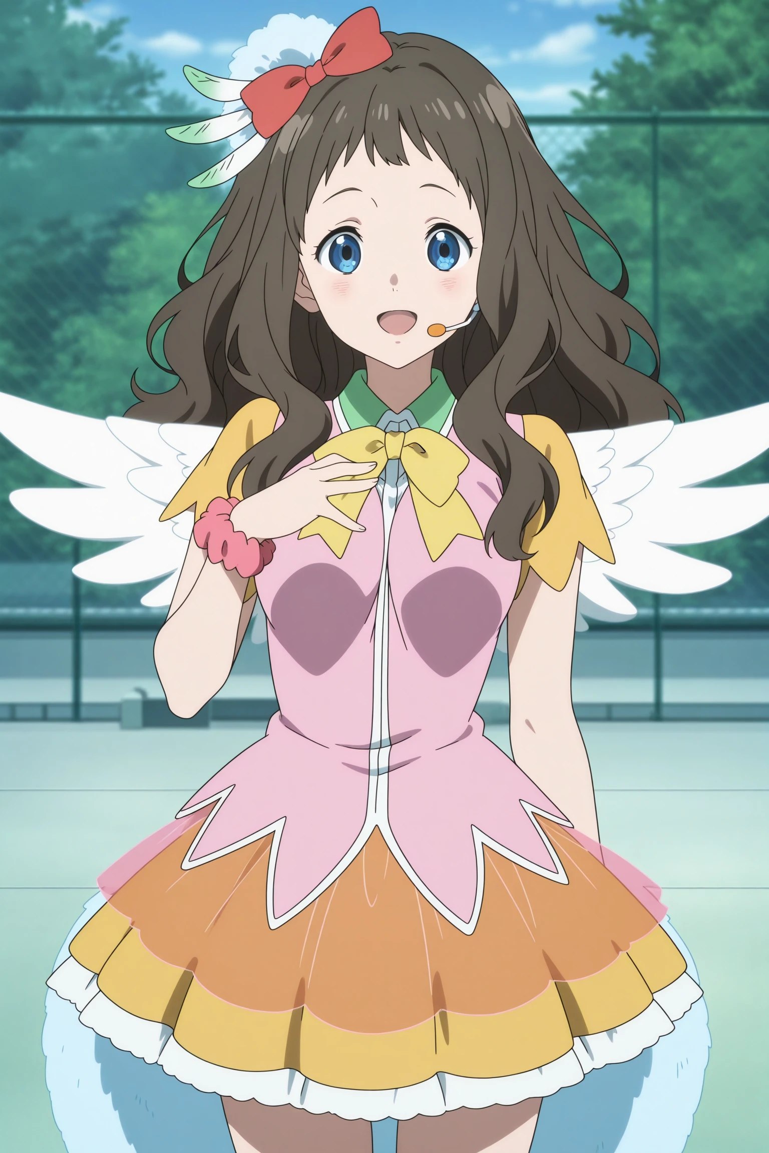 masterpiece, best quality, amazing quality, highres, absurdres, very aesthetic, high resolution, ultra detailed, perfect details, 1girl, solo, outdoors, school, rooftop, day, shindou ai, long hair, brown hair, wavy hair, short bangs, red hair bow, hair ornament, blue eyes, headset, short sleeves, pink sirt, yellow bow, yellow sleeves, scrunchie, wings, tail, yellow skirt, crinoline, layered skirt, yellow footwear, boots, <lora:Ai_Shindou_ILXL:0.8>, aged up, (cowboy shot:1.4), looking at viewer, (anime coloring:1.5), (anime screencap:1.5), smile, (pose:1.2), open mouth
