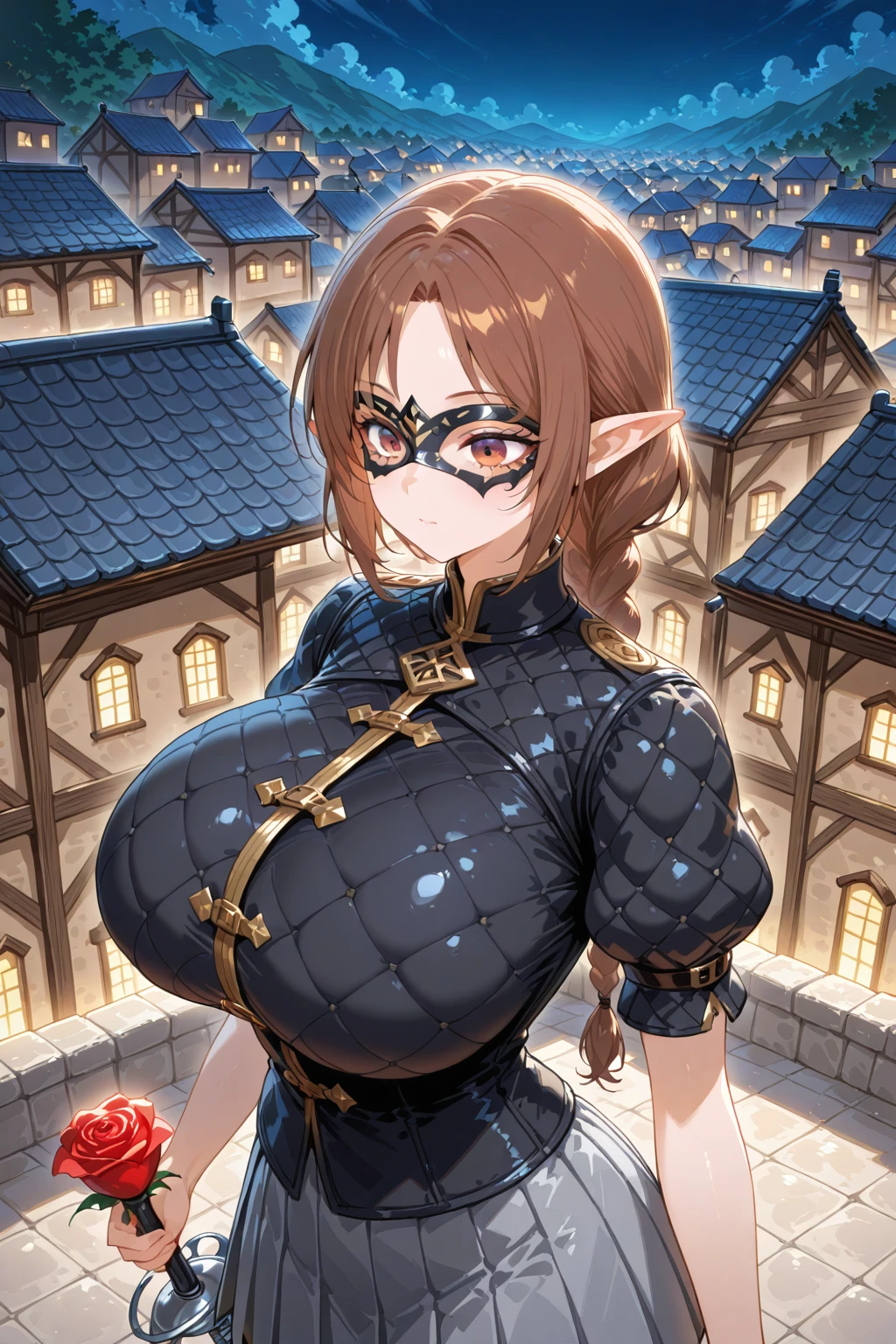 1girl, solo, gambeson shirt, <lora:Gambeson Shirt Illustrious1:0.6>, pointy ears, masquerade mask, puffy short sleeves, black shirt, holding rapier, holding rose, tile roof, rooftop, town, night, pleated skirt, grey skirt, braided ponytail, huge breasts, brown hair, closed mouth