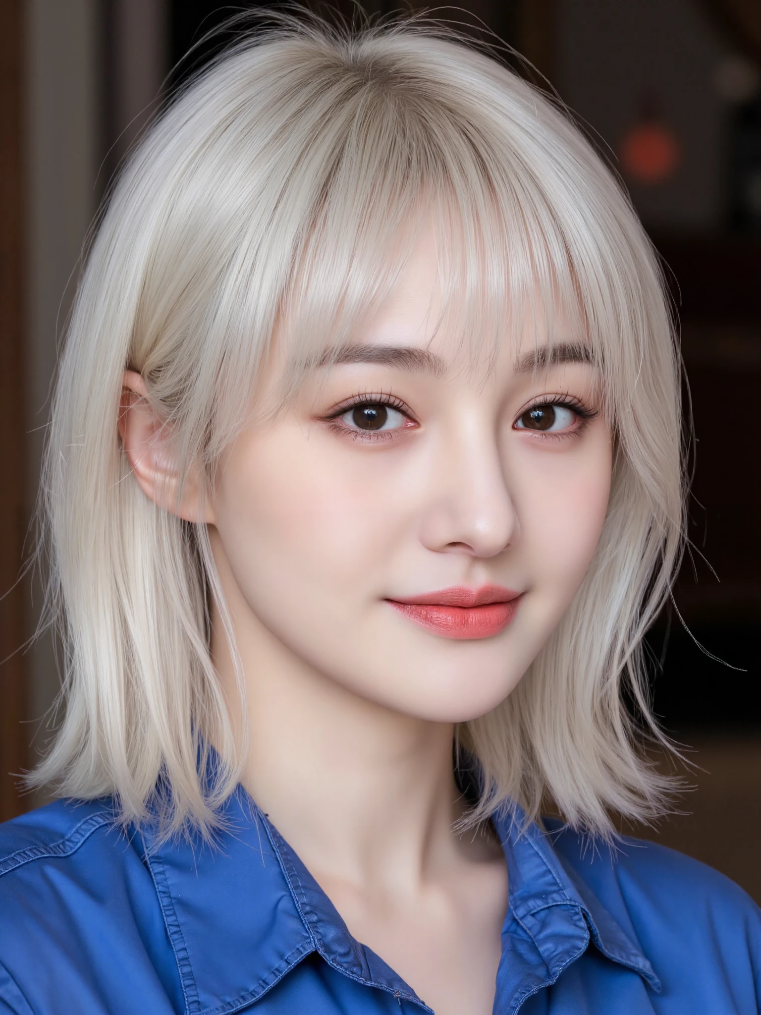 a woman, white hair, blue shirt, light smile, portrait, blurred background