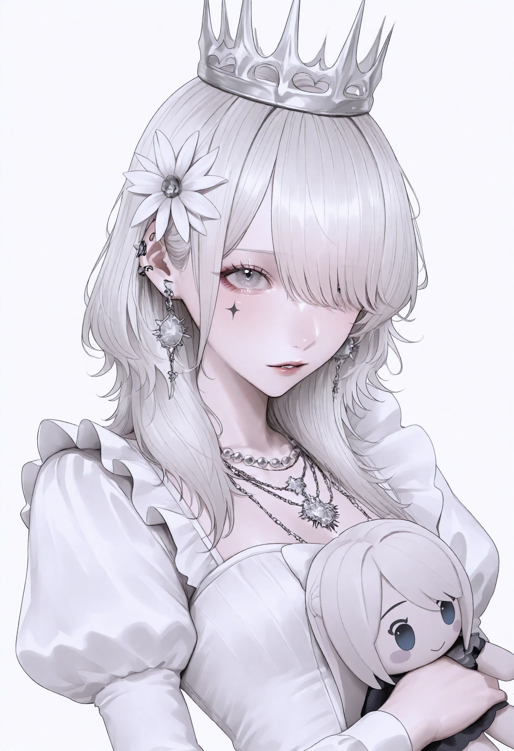 masterpiece, best quality, newest, absurdres, highres, very awa, anime screencap, limited palette, no lineart, sketch, eye focus, depth of field, aegyo sal, korean, simple background, 1girl, solo, jewelry, doll, dress, white background, holding doll, parted lips, white hair, earrings, looking at viewer, hair ornament, upper body, simple background, white dress, white theme, crown, grey eyes, facial mark, long hair, hair over one eye, flower, hair flower, medium hair, star facial mark, puffy sleeves, juliet sleeves, ear piercing, frills, white eyes, holding, necklace, blue eyes, character doll, lace trim, long sleeves, piercing, star \(symbol\)