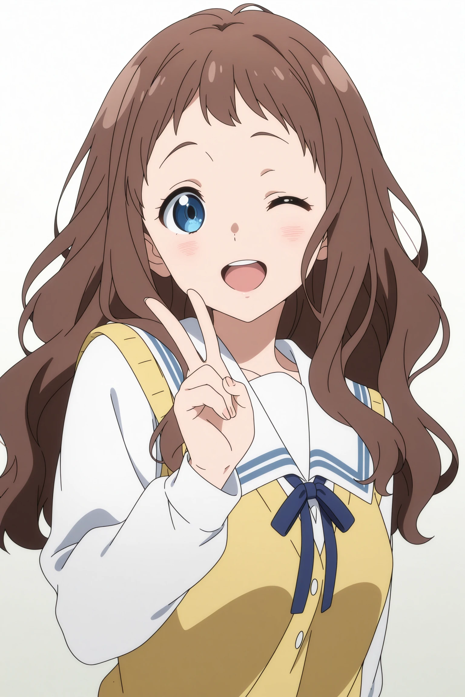 masterpiece, best quality, amazing quality, highres, absurdres, very aesthetic, high resolution, ultra detailed, perfect details, 1girl, solo, indoors, (white background:1.3), shindou ai, long hair, brown hair, wavy hair, short bangs, blue eyes, long sleeves, white shirt, white sailor collar, yellow sweater vest, blue neck ribbon, grey skirt, pleated skirt, black socks, kneehighs, brown footwear, loafers, <lora:Ai_Shindou_ILXL:0.8>, aged up, (upper body:1.5), looking at viewer, (anime coloring:1.5), (anime screencap:1.5), smile, pose, v, wink, open mouth