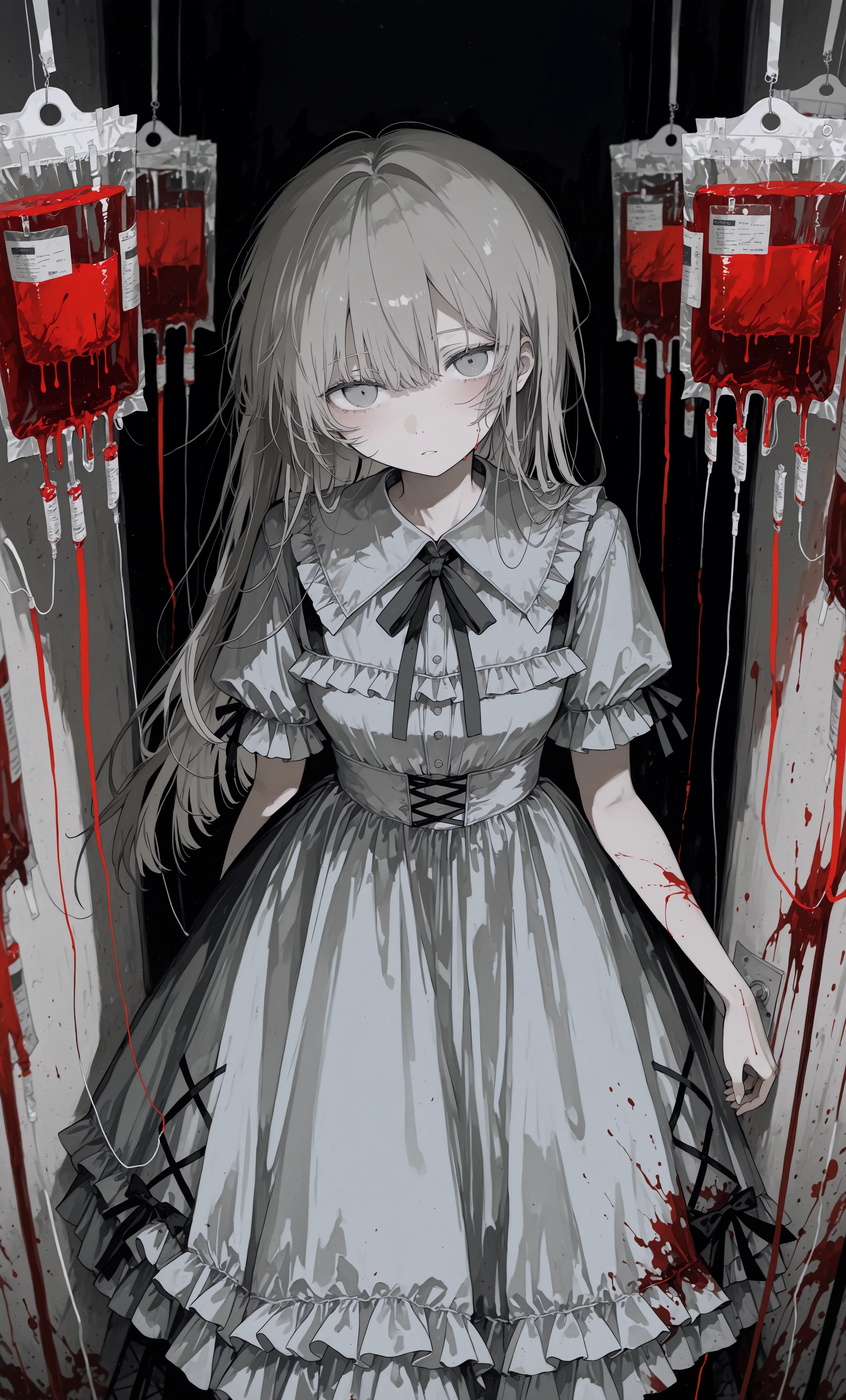 masterpiece, best quality,high quality, newest, highres,absurdres, traditional media, SuitablegreenStyle, 1girl, blood, solo, blood bag, looking at viewer, ribbon, grey eyes, long hair, frills, dress, bow, bangs <lora:SuitablegreenStyle_IL:1>