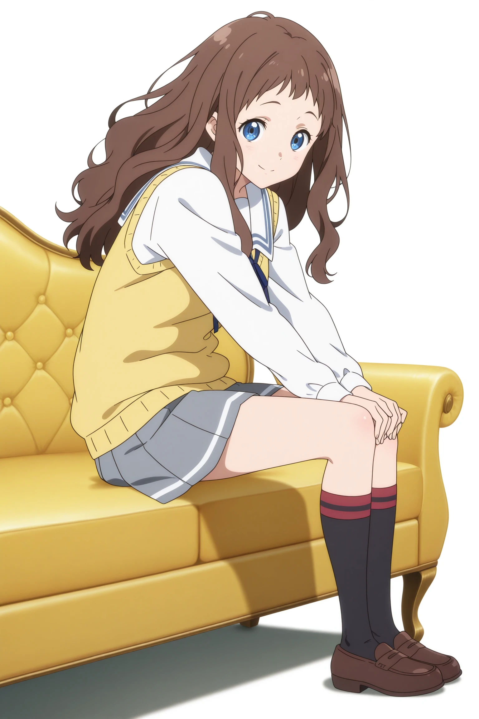 masterpiece, best quality, amazing quality, highres, absurdres, very aesthetic, high resolution, ultra detailed, perfect details, 1girl, solo, indoors, (white background:1.3), shindou ai, long hair, brown hair, wavy hair, short bangs, blue eyes, long sleeves, white shirt, white sailor collar, yellow sweater vest, blue neck ribbon, grey skirt, pleated skirt, black socks, kneehighs, brown footwear, loafers,  <lora:Ai_Shindou_ILXL:0.8>, aged up, (full body), looking at viewer, (anime coloring:1.5), (anime screencap:1.5), smile, pose, yellow sofa, sitting, from side, from below