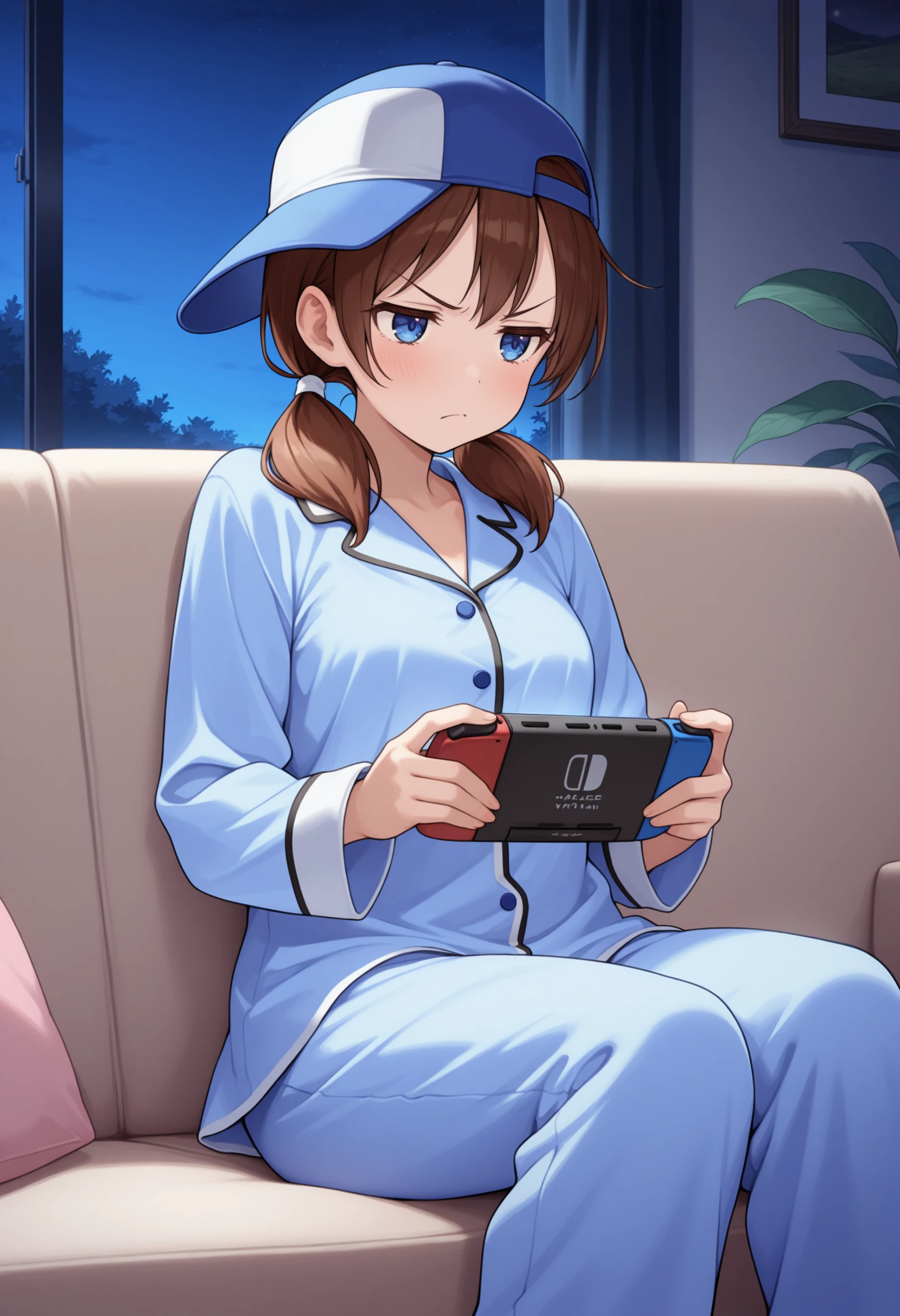 masterpiece, best quality, solo, 1girl, annoyed, <lora:Ai-ngbc-illus_Fp:1>, blue eyes, brown hair, short twintails, blue pajamas, holding handheld game console, sitting, indoors, couch, night, baseball cap, sideways hat,