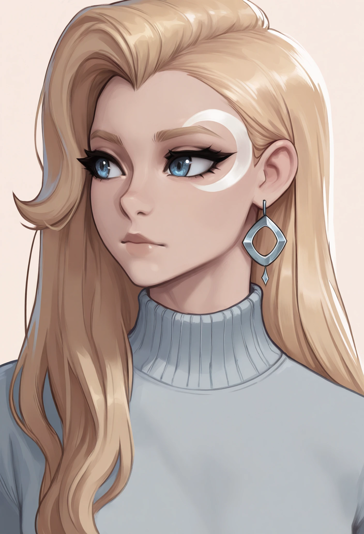 1girl, solo, sweater, portrait, looking to the side,
blonde hair, long hair, asymmetrical hair, crescent facial mark, blue eyes, earrings,
masterpiece, best quality, <lora:daggerMR-guy90-Illust-LoraV1:1>, reggad
