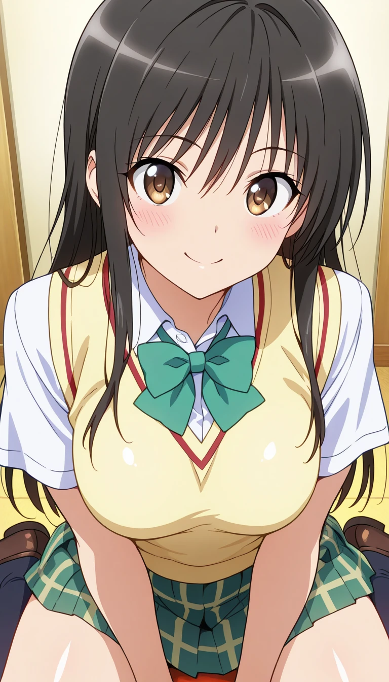 (masterpiece),best quality,amazing quality,very aesthetic,absurdres,newest,perfect body,shiny skin,perfect eyes,detail1eye,well-defined fingers,well-defined fingernails,anime style,indoors,1girl,solo,upper body,(portrait:1.5),looking at viewer,facing viewer,smile,blush,Kotegawa Yui,long hair,black hair,sidelocks,hair between eyes,bangs,brown eyes,school uniform,sweater vest,yellow vest,white shirt,collared shirt,green bowtie,short sleeves,medium breasts,miniskirt,green skirt,plaid skirt,pleated skirt,black socks,loafers,<lora:Kotegawa Yui(tlr)-Illus:2>,