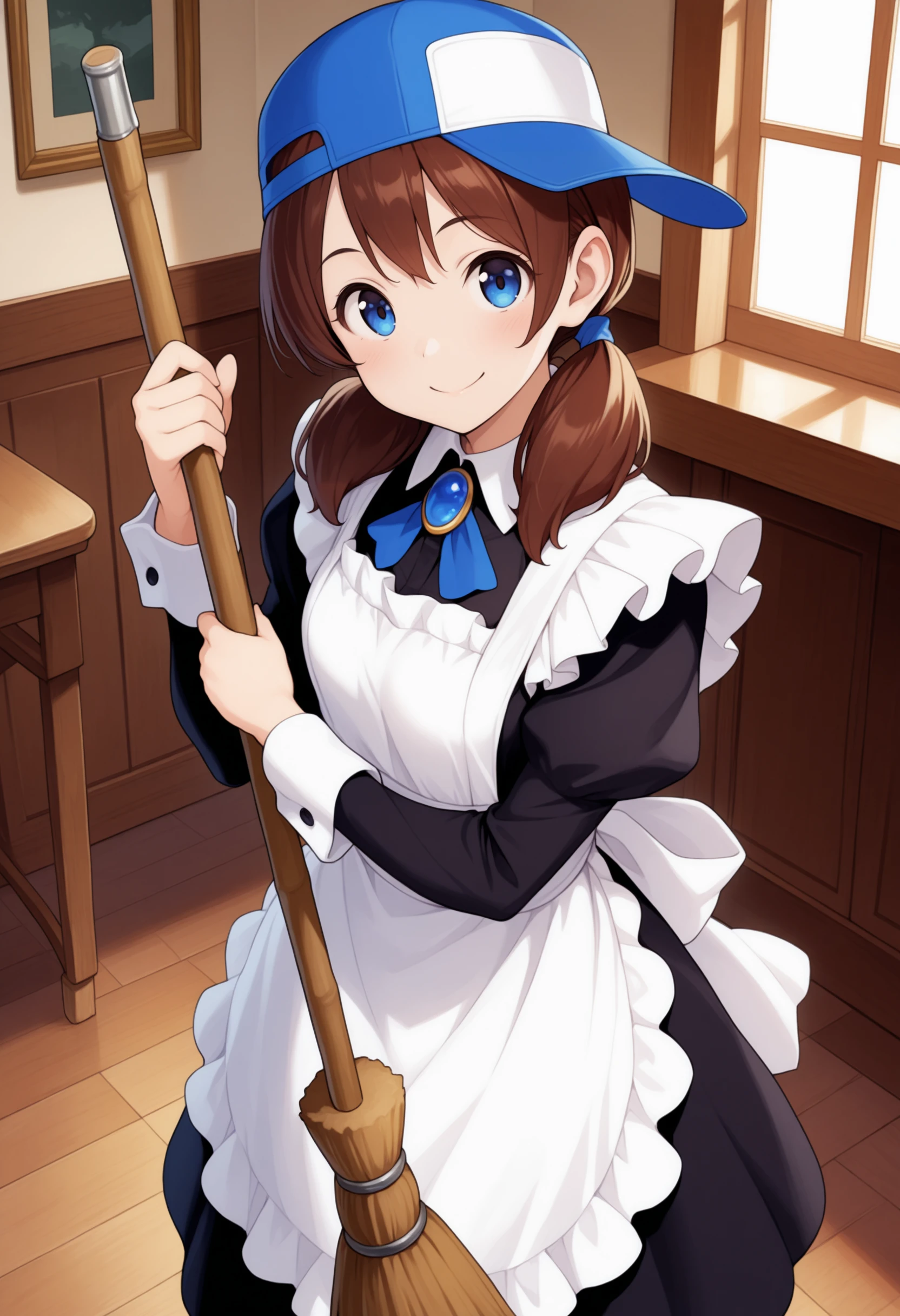 masterpiece, best quality, solo, 1girl, smile, looking at viewer, <lora:Ai-ngbc-illus_Fp:1>, blue eyes, brown hair, short twintails, maid apron, broom, holding, baseball cap, sideways hat, indoors, brooch,