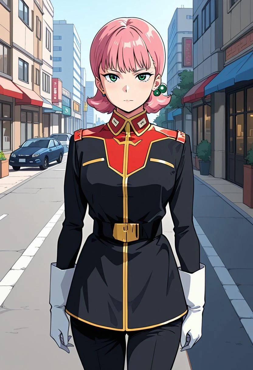 CG qual;ity, masterpiece, best quality,amazing quality, city ,street,zabiarov, 1 female, pink hair , short hair, ear accessory, green eyes, military uniform, white gloves,black pants