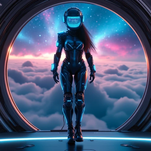 Cyberflux A beautiful female character wearing a digital helmet displying data, shes wearing a sexy cybernetic suit with digital screen with glowing data, she walk on the bride of a space station with a big window showing a galactic sky