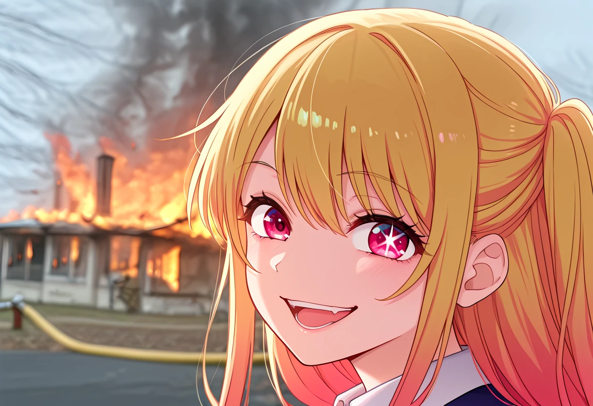 masterpiece, high quality, amazing detail, disaster_girl, 1girl, hoshino ruby, looking at viewer, smile, open mouth, fire, explosion, burning building, <lora:disaster_girl_meme-10:1>