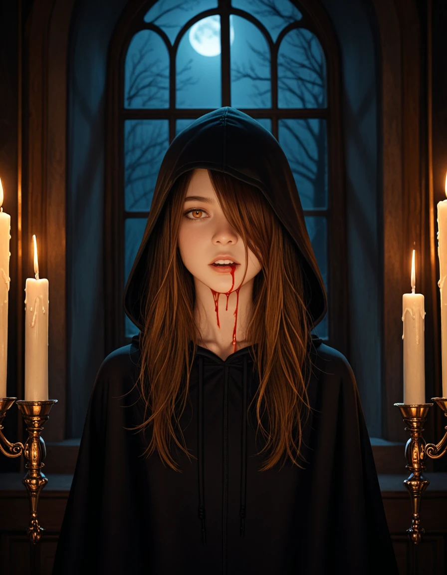 masterpiece, absurdres, best quality, newest, ambient lighting, ultrahd, realistic, scenery, ultra-detailed, dark background, night, dynamic angle, close-up BREAK 1girl, solo, hood, hood over one eye, (amber eyes:0.8), petite, young, bloody lips, blood dripping down chin, (pale skin:0.7), long hair, candles, window, parted lips, surreal, brown hair,black cloak, looking at viewer, upper teeth