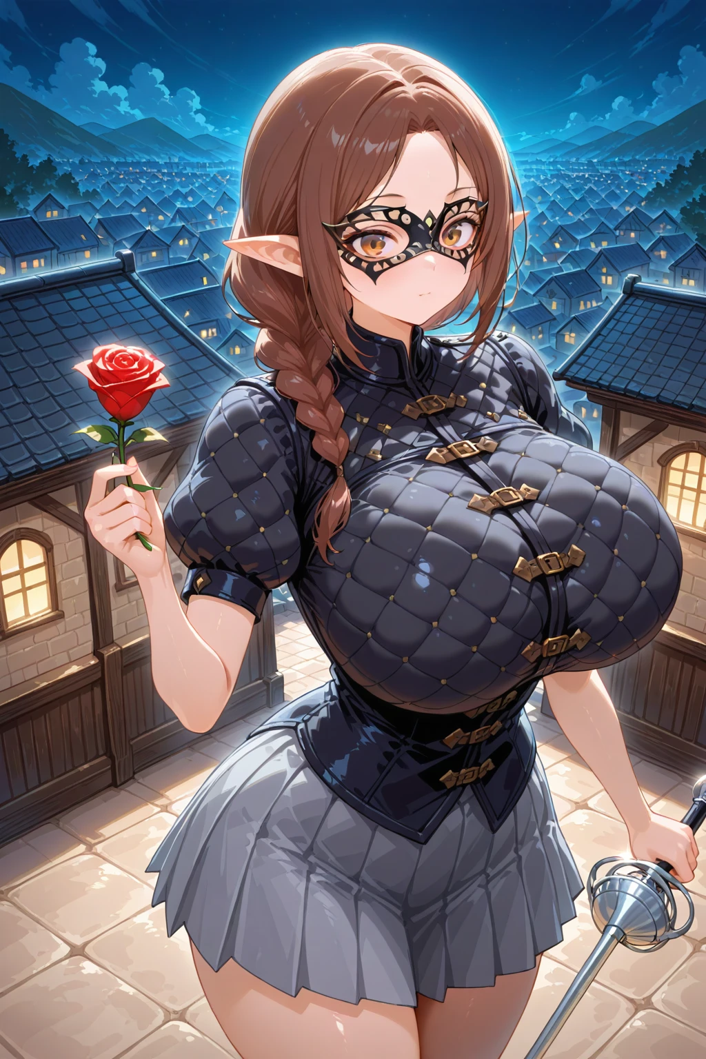 1girl, solo, gambeson shirt, <lora:Gambeson Shirt Illustrious1:0.6>, pointy ears, masquerade mask, puffy short sleeves, black shirt, holding rapier, holding rose, tile roof, rooftop, town, night, pleated skirt, grey skirt, braided ponytail, huge breasts, brown hair, closed mouth