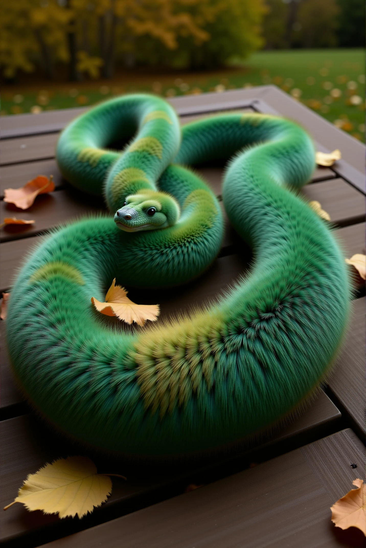 <lora:Fluffy_fur_2:0.9> FluffyFur. A sinuous snake, its sleek, coiling form covered in airy, short-haired, fluffy fur, the fine strands mirroring the natural gradient of its scales, transitioning from deep emerald green to shimmering gold, with subtle hints of iridescent sapphire along its winding body. The fluffy fur is dense, following the elegant curves and muscular structure of the serpent, giving it a surreal yet mesmerizing texture. Tiny, delicate hairs catch the light, creating a soft sheen that mimics the natural gloss of reptilian skin. The snake rests on a rustic wooden table, its body partially entwined with scattered leaves, while a gentle autumn breeze hinted in the blurred background adds a sense of warmth and organic harmony to this strange yet oddly natural creation.