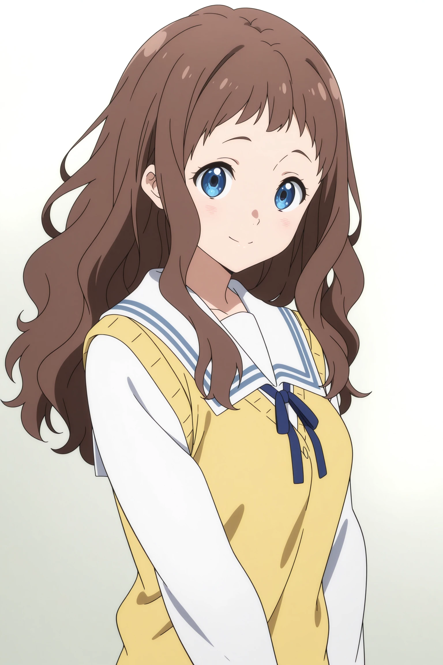 masterpiece, best quality, amazing quality, highres, absurdres, very aesthetic, high resolution, ultra detailed, perfect details, 1girl, solo, indoors, (white background:1.3), shindou ai, long hair, brown hair, wavy hair, short bangs, blue eyes, long sleeves, white shirt, white sailor collar, yellow sweater vest, blue neck ribbon, grey skirt, pleated skirt, black socks, kneehighs, brown footwear, loafers, <lora:Ai_Shindou_ILXL:0.8>, aged up, (upper body:1.5), looking at viewer, (anime coloring:1.5), (anime screencap:1.5), smile, pose