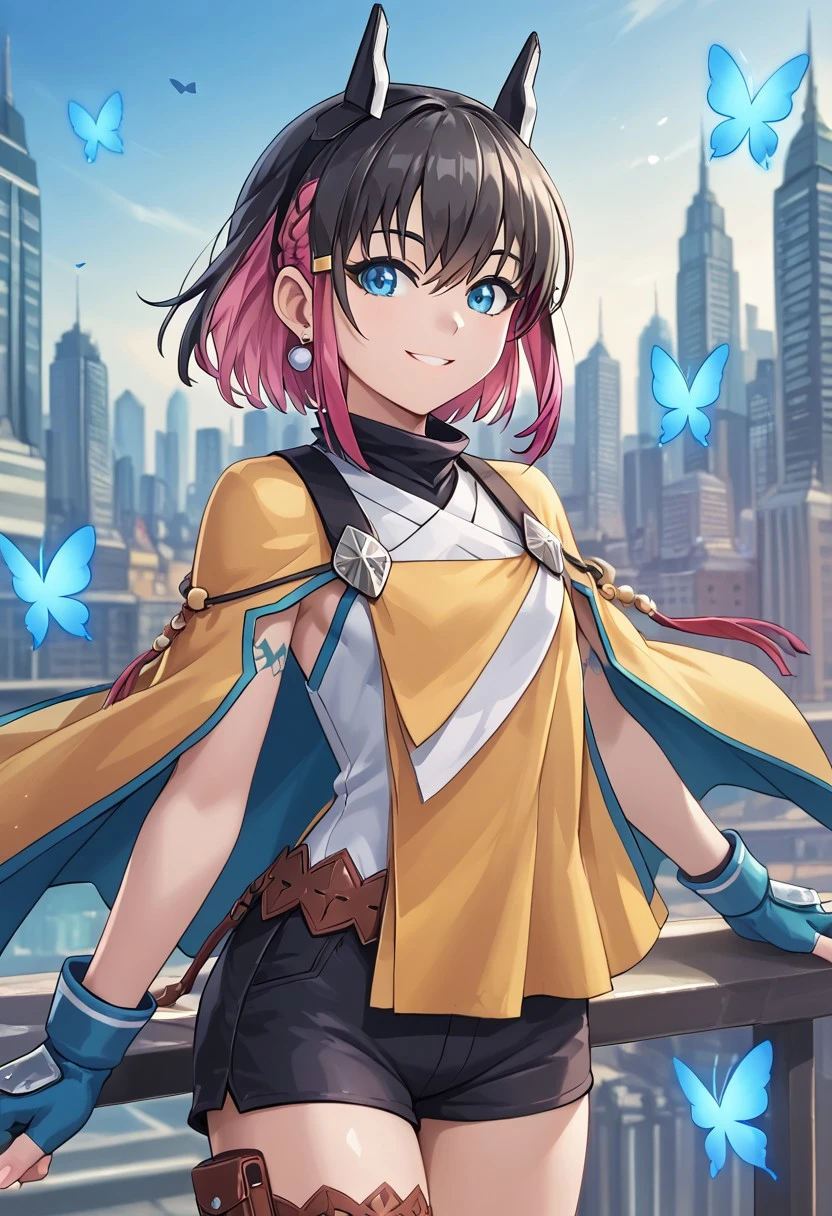 score_4,score_5,score_6,score_7_up,score_8_up,score_9
((masterpiece,best quality,ultra detailed,highres,HD,4k:1.2)),
1 cute girl,girl forcus,
short hair,black hair,bangs,sidelocks,hair between eyes,multicolored hair,Inner color pink hair,blue eyes,tattoo,black head gear,earrings,small breast,
yellow cape,yellow top,white shirt,sleeveless shirt,fingerless gloves,jewelry,shorts,black shorts,
city,Blue butterflies fluttering, blue butterflies,
from front,front view,front angle,
smile,light smile,,looking at viewer,