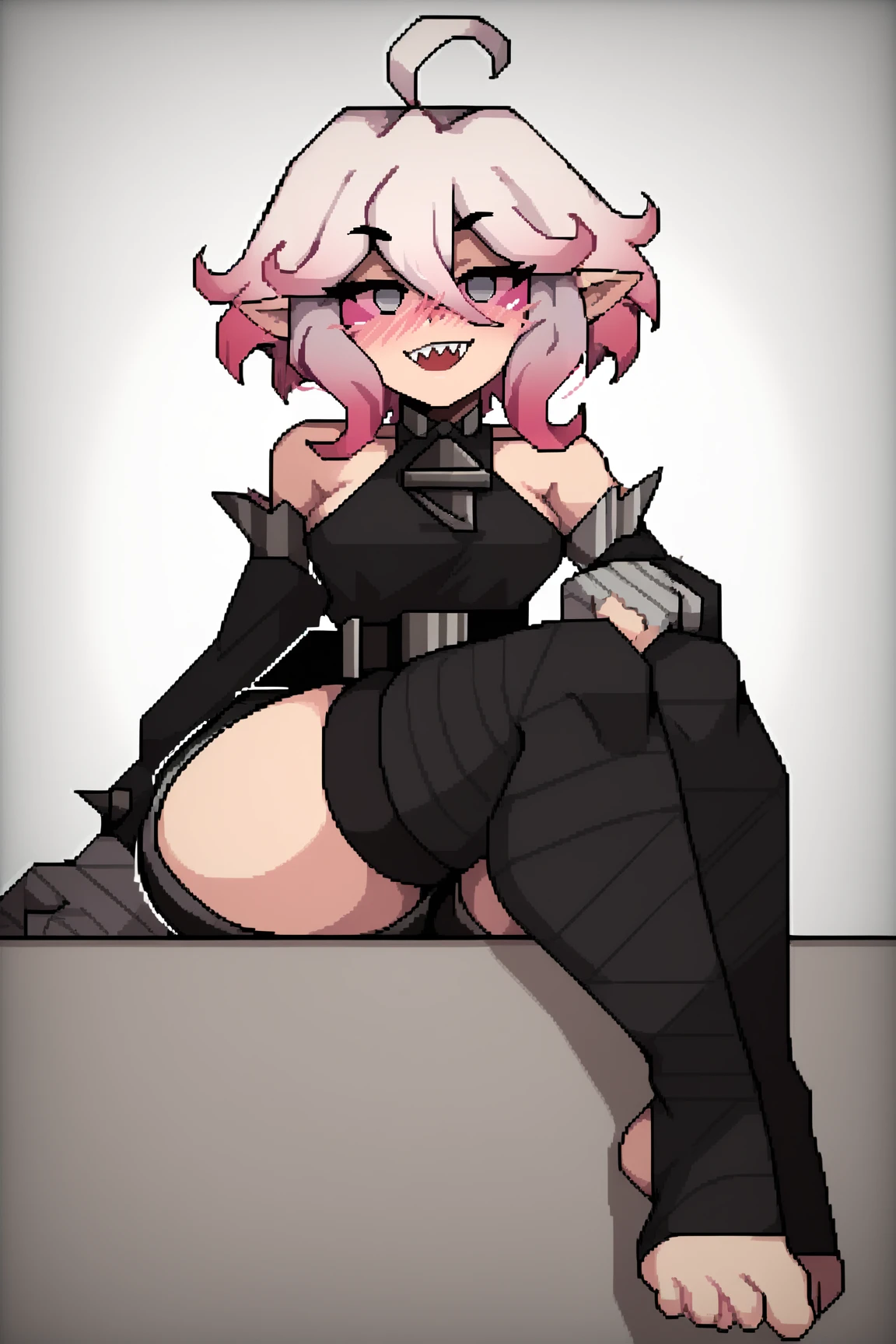 score_9, score_8_up, score_7_up, score_6_up, BREAK, BriarLoLXLv2, grey skin, colored skin, no pupils, grey eyes, pink sclera, white hair, pink hair, two-tone hair, gradient hair, short hair, hair between eyes, ahoge, pointy ears, sharp teeth, medium breasts, bare shoulders, black thight dress, detached sleeves, black bandaged sleeves, black shorts, belt, (black bandaged legwear), toeless legwear, sitting, ((bellow view)), looking at viewer, seductive smile, naughty face, nose blush, white background, simple background <lora:BriarLoLXLv2:0.8>6, TamacoSamaStylePXL <lora:TamacoSamaStylePXL:1>