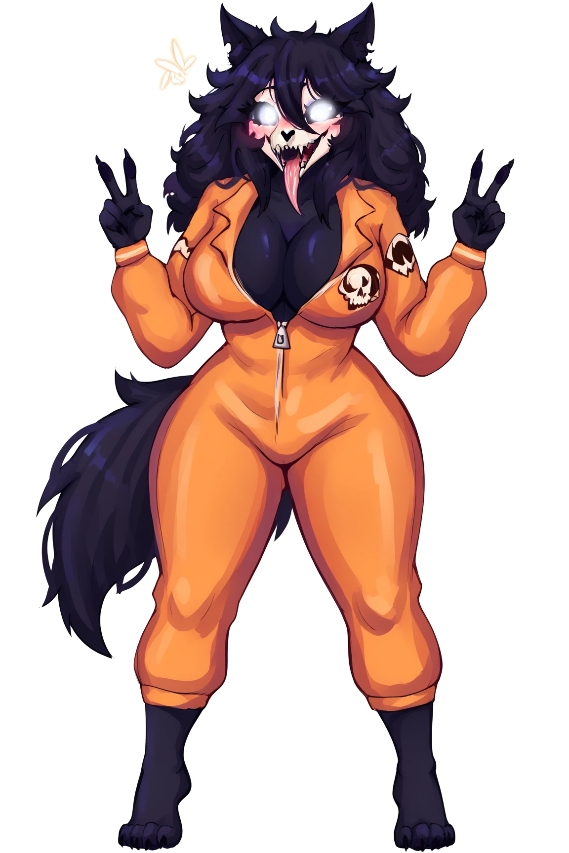 score_9, score_8_up, score_7_up, score_6_up, BREAK, BadSCPXL, hairy antrum, hairy female, body fur, black fur, skull head, white eyes, shiny eyes, black sclera, black hair, long hair, hair between the eyes, ears animals, back tail, big breasts, orange jumpsuit, alone, standing, looking at viewer, in a forest, heart eyes, torn clothes, NSFW, visible pussy